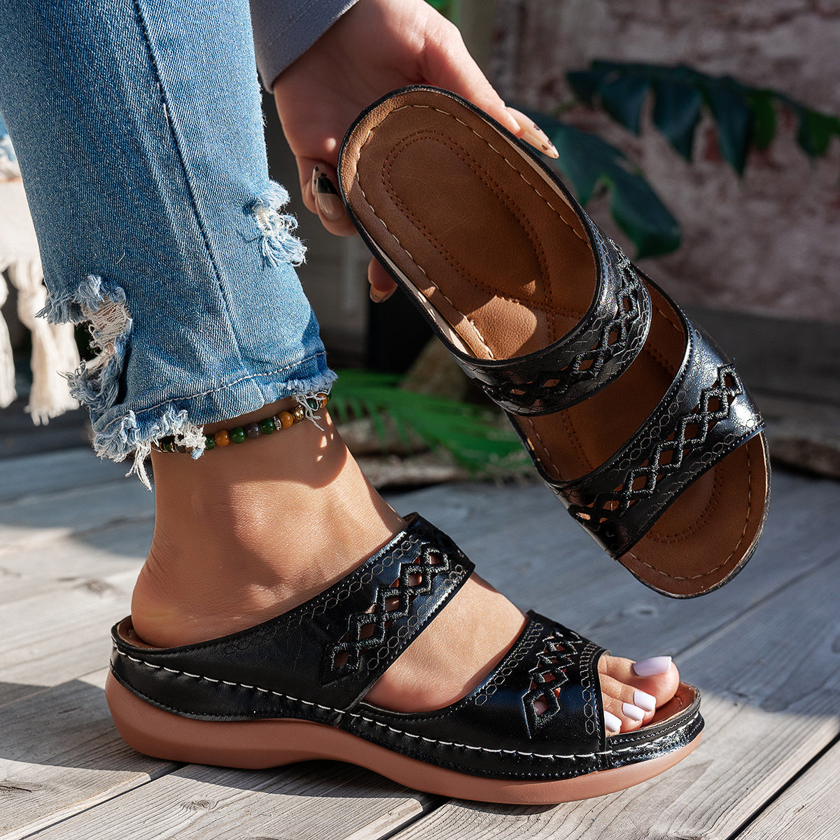 Women's Wedge Sandals Hollow-Out Slip-On Open Toe Synthetic Cover Multiple Colors