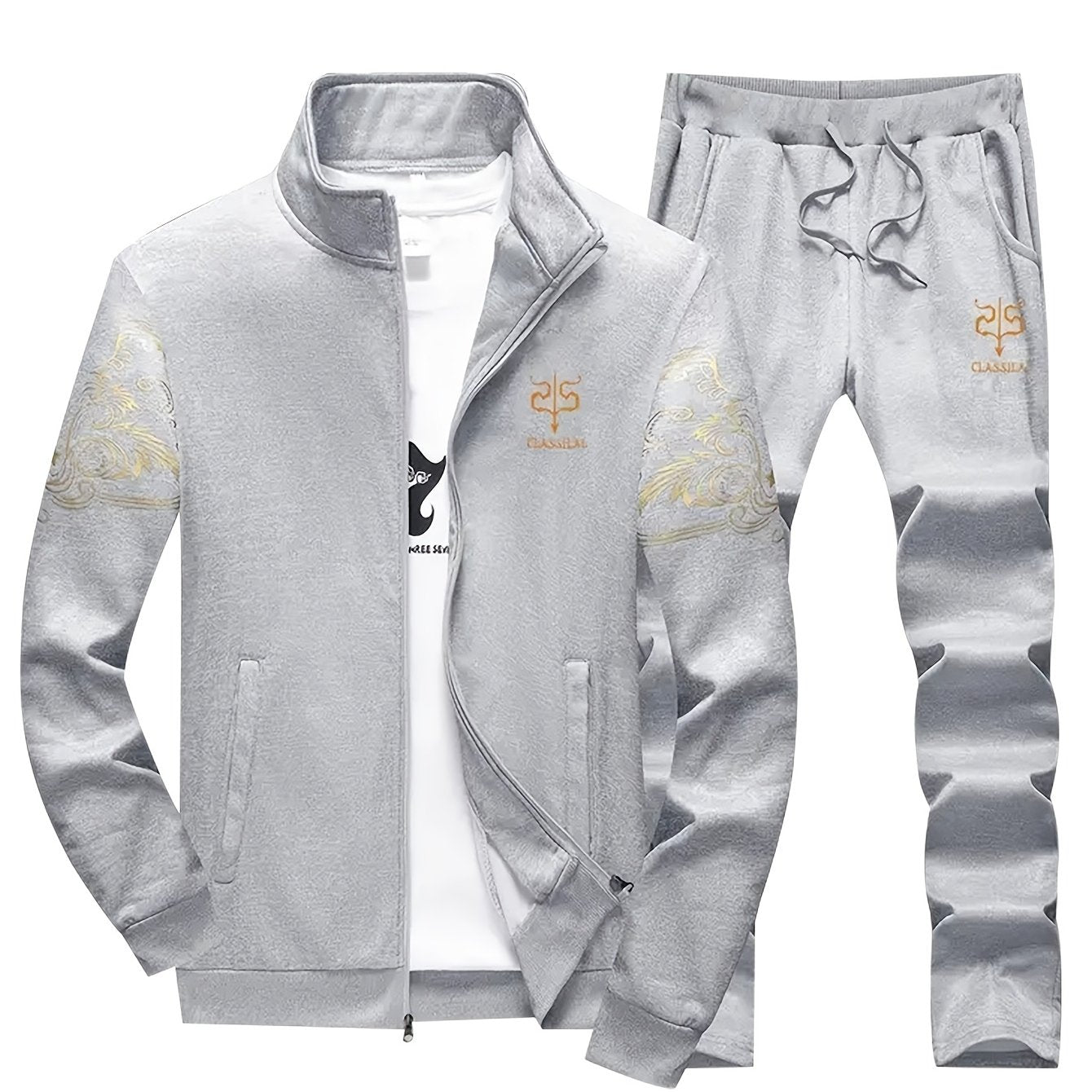 Men's Casual Sportswear Set Knit Polyester Stand Collar Zip-Up Jacket & Drawstring Pants