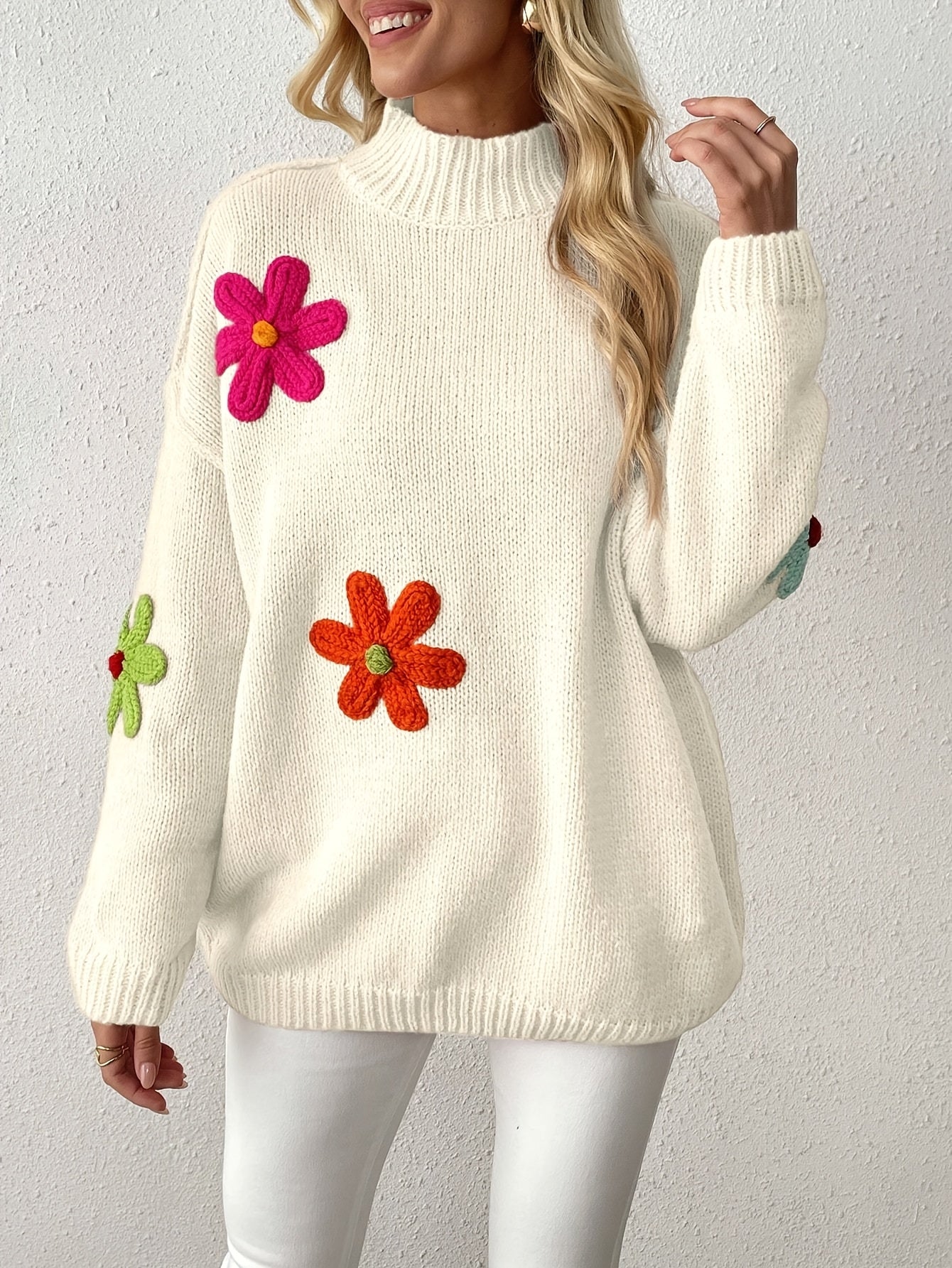 Plus Size Floral Applique Knit Sweater Casual Long Sleeve High Neck Top