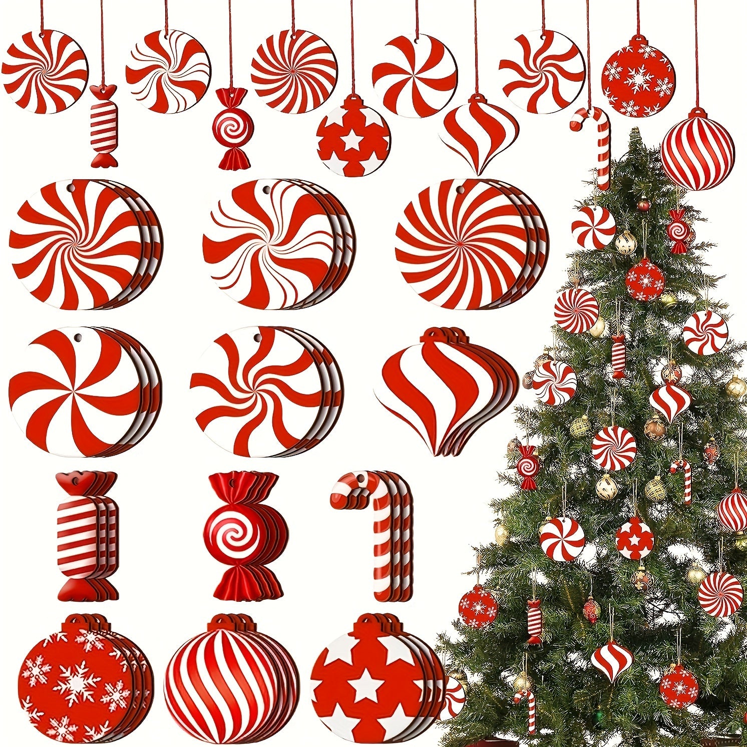 Wooden Christmas Candy Ornaments for Tree Decoration Set of 24