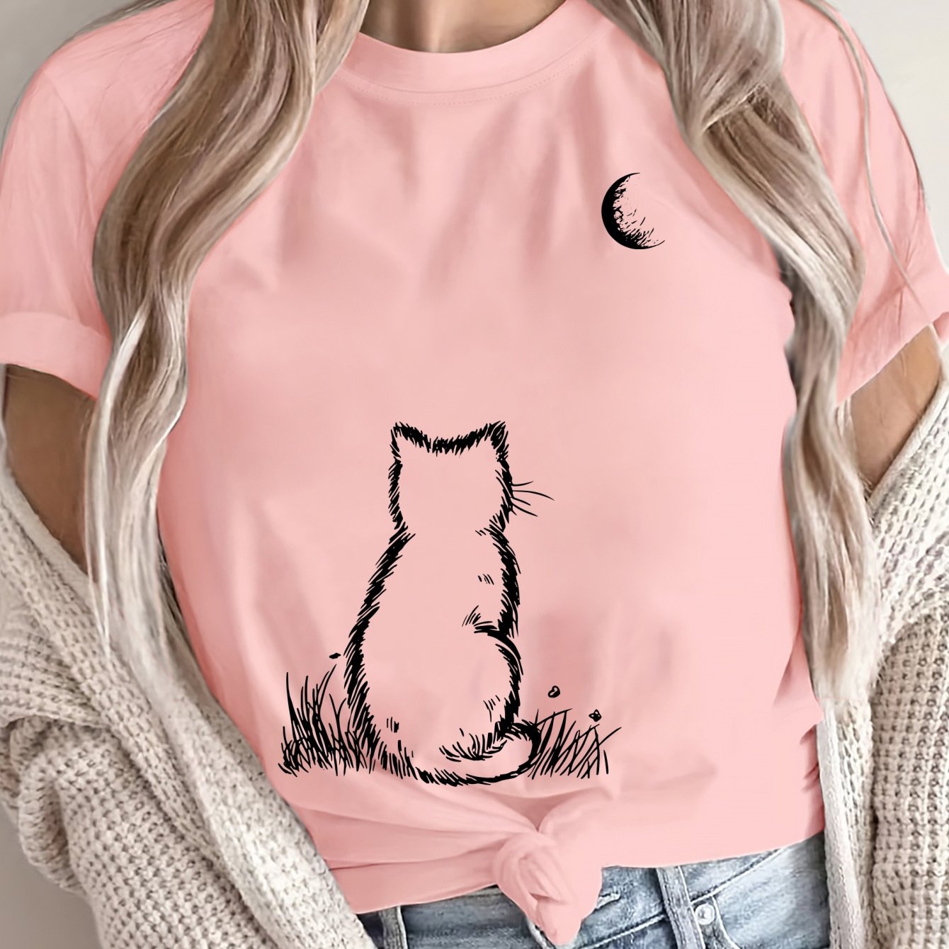 Women's Plus Size Loose Fit T Shirt Pink Geometric Cat Moon Print Casual Top