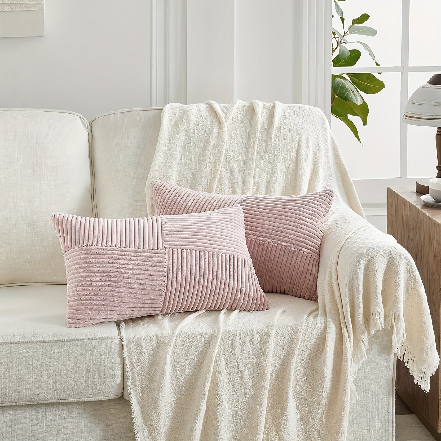 Bohemian Style Corduroy Throw Pillow Covers 2-Pack 45.72x45.72 cm Zippered Polyester Square Cushion Cases for Sofa Bed