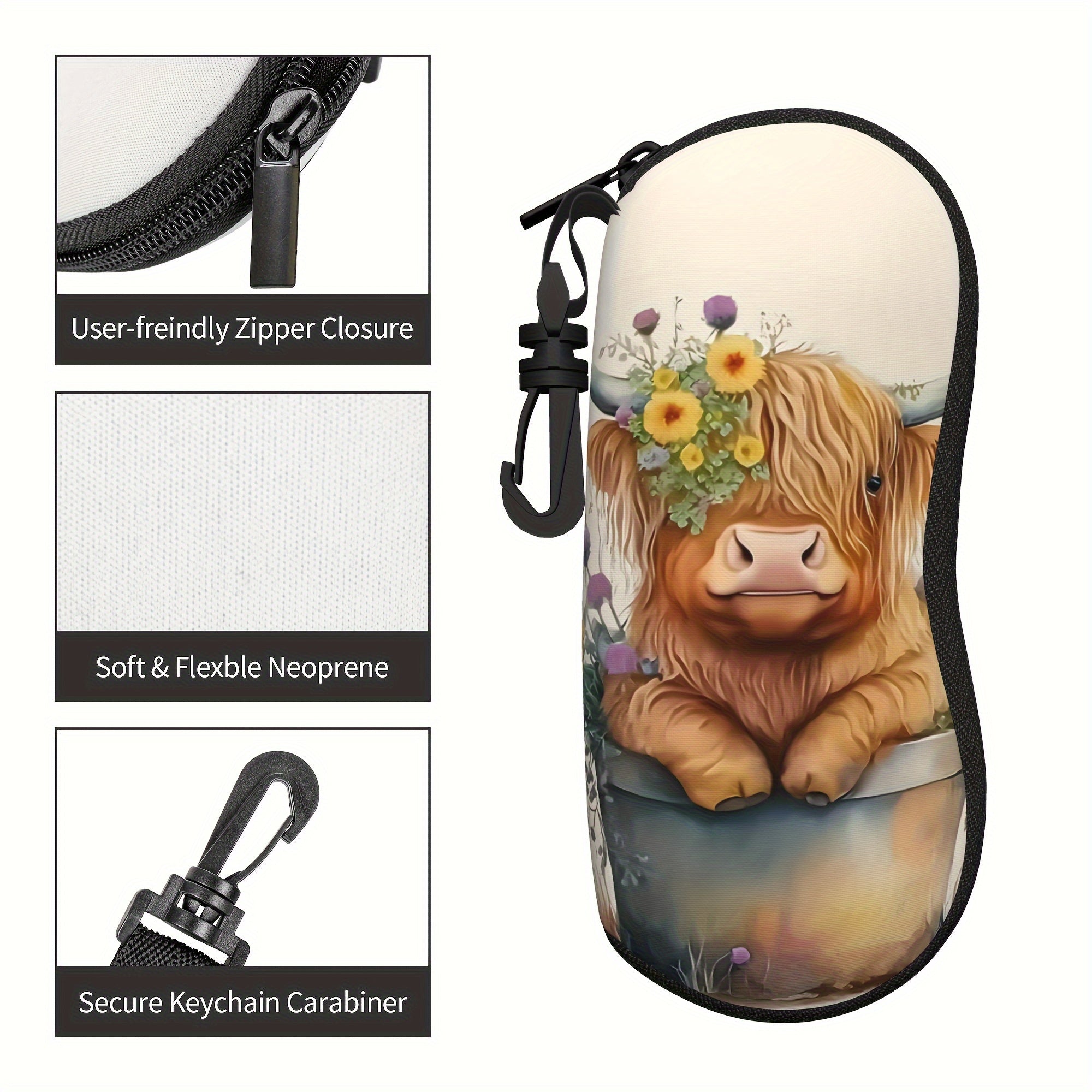 Highland Cow Print Glasses Case Neoprene Eyewear Pouch with Zipper and Belt Clip for Women