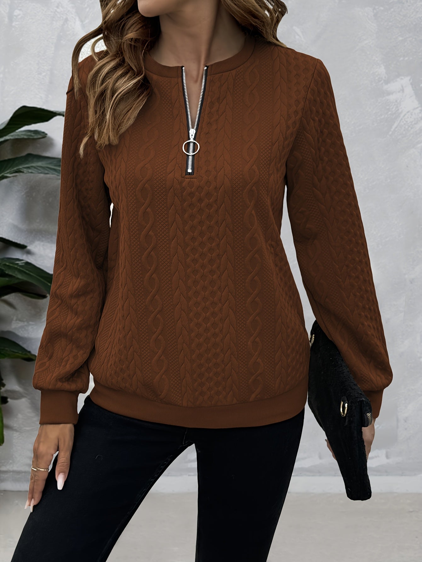 Women's Textured Solid Zip Crew Sweatshirt Fall Winter Polyester Knit Crew Neck