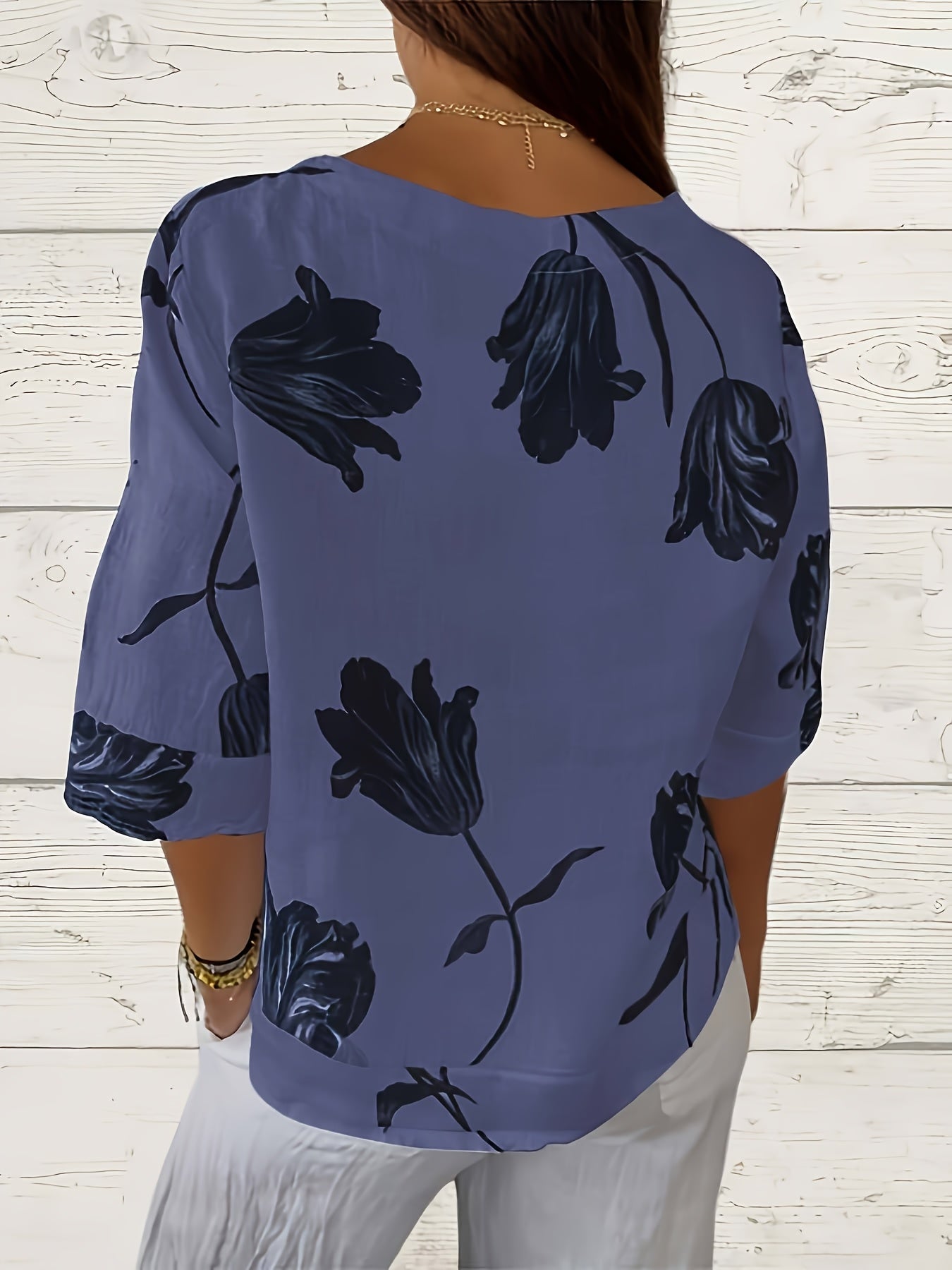 Plus Size Floral V-Neck Blouse for Women Casual Short Sleeve Polyester Blend