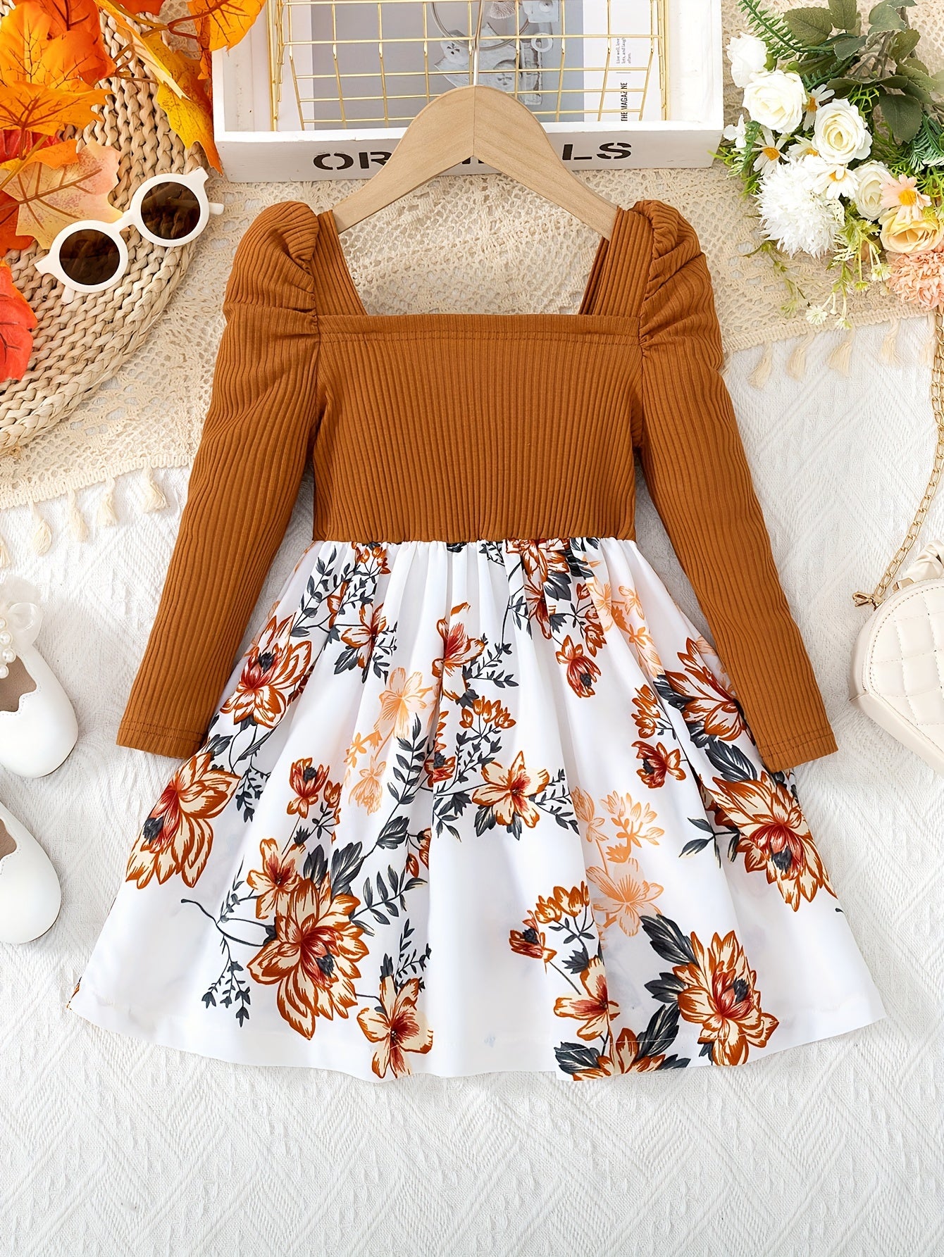 Girls Floral Print Midi Dress with Ruffle Shoulders Long Sleeves Cotton Knit All-Season