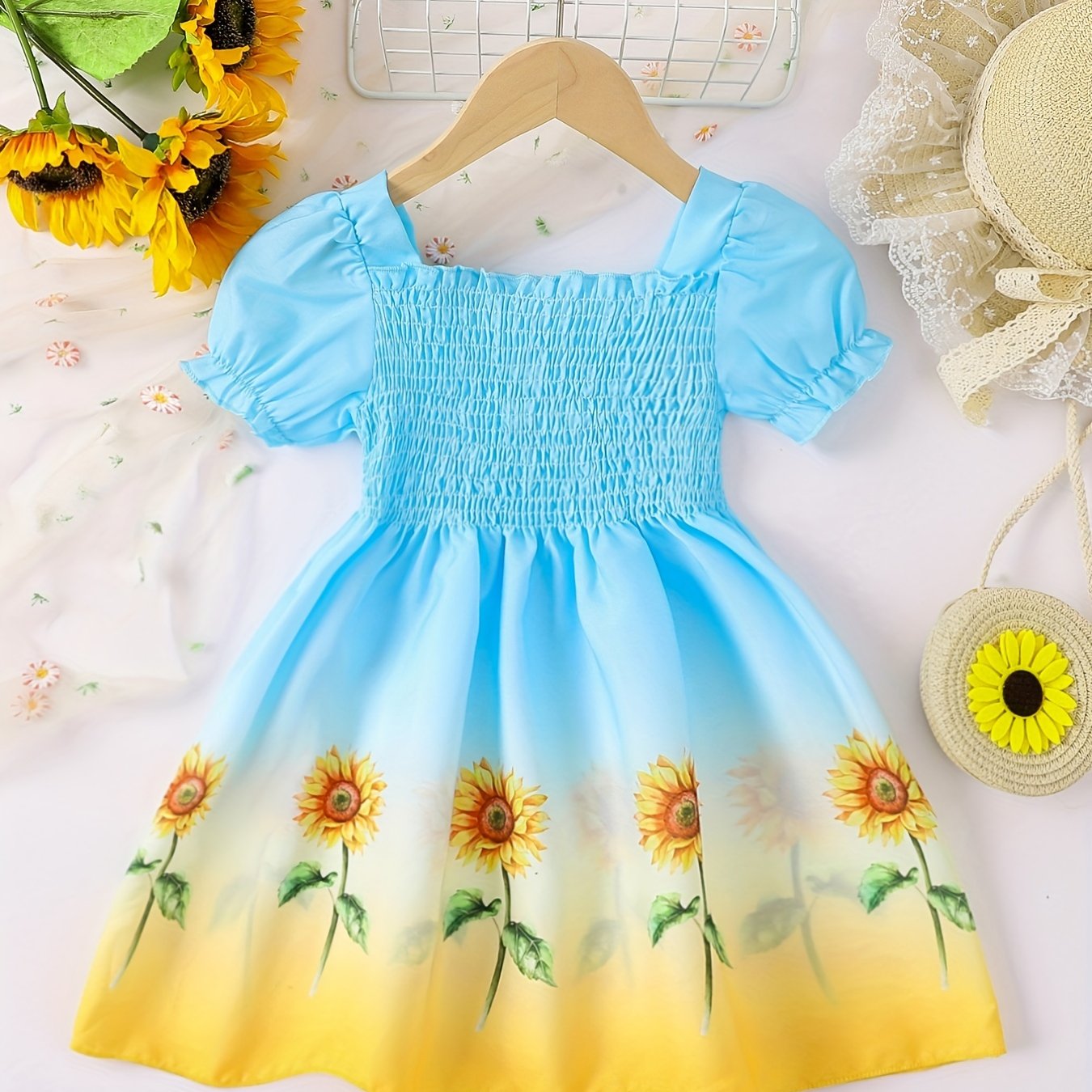 Girls Summer Ombre Sunflower Pattern Princess Dress for Kids Casual 4th of July