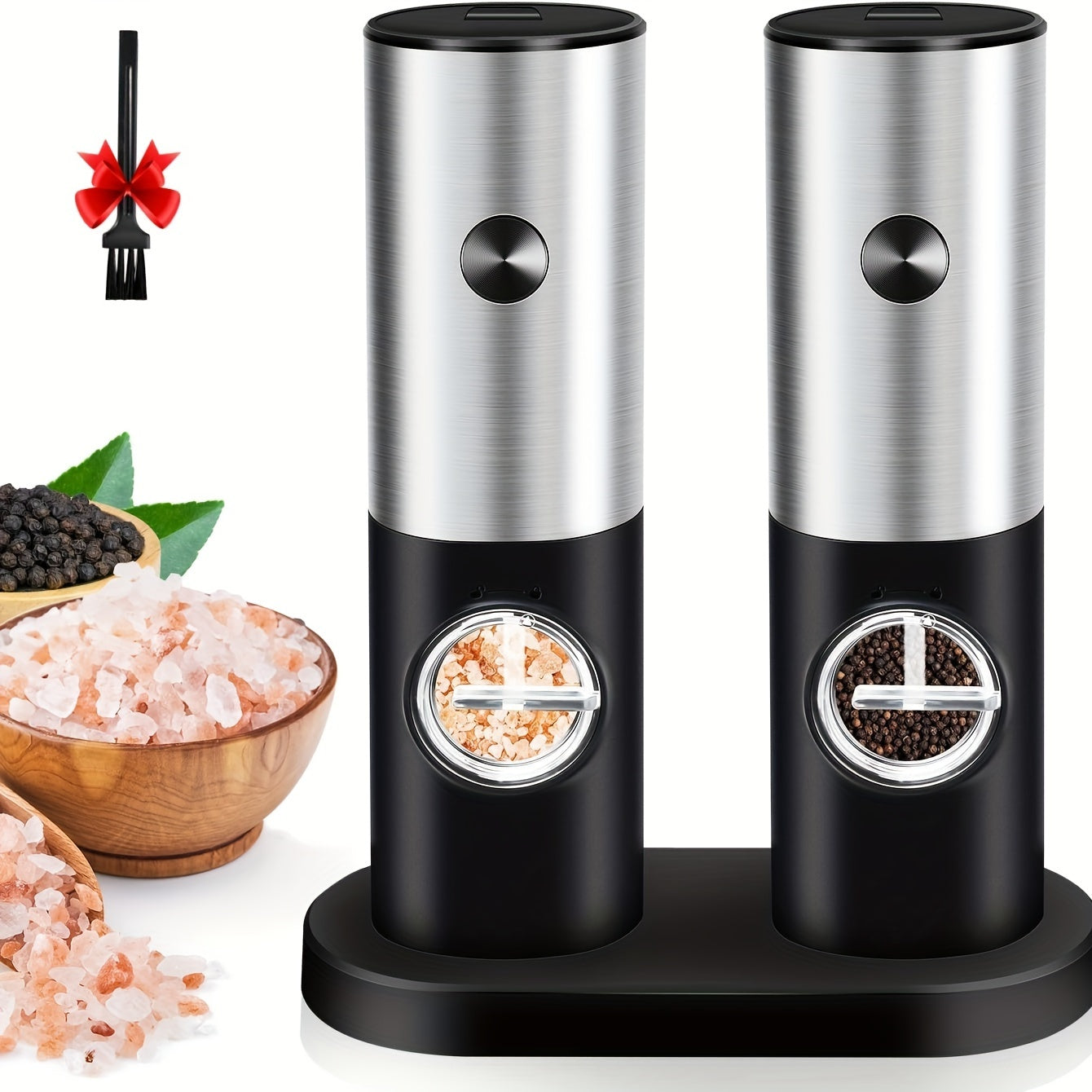 Set of 2 Stainless Steel Electric Salt and Pepper Mills with Holder