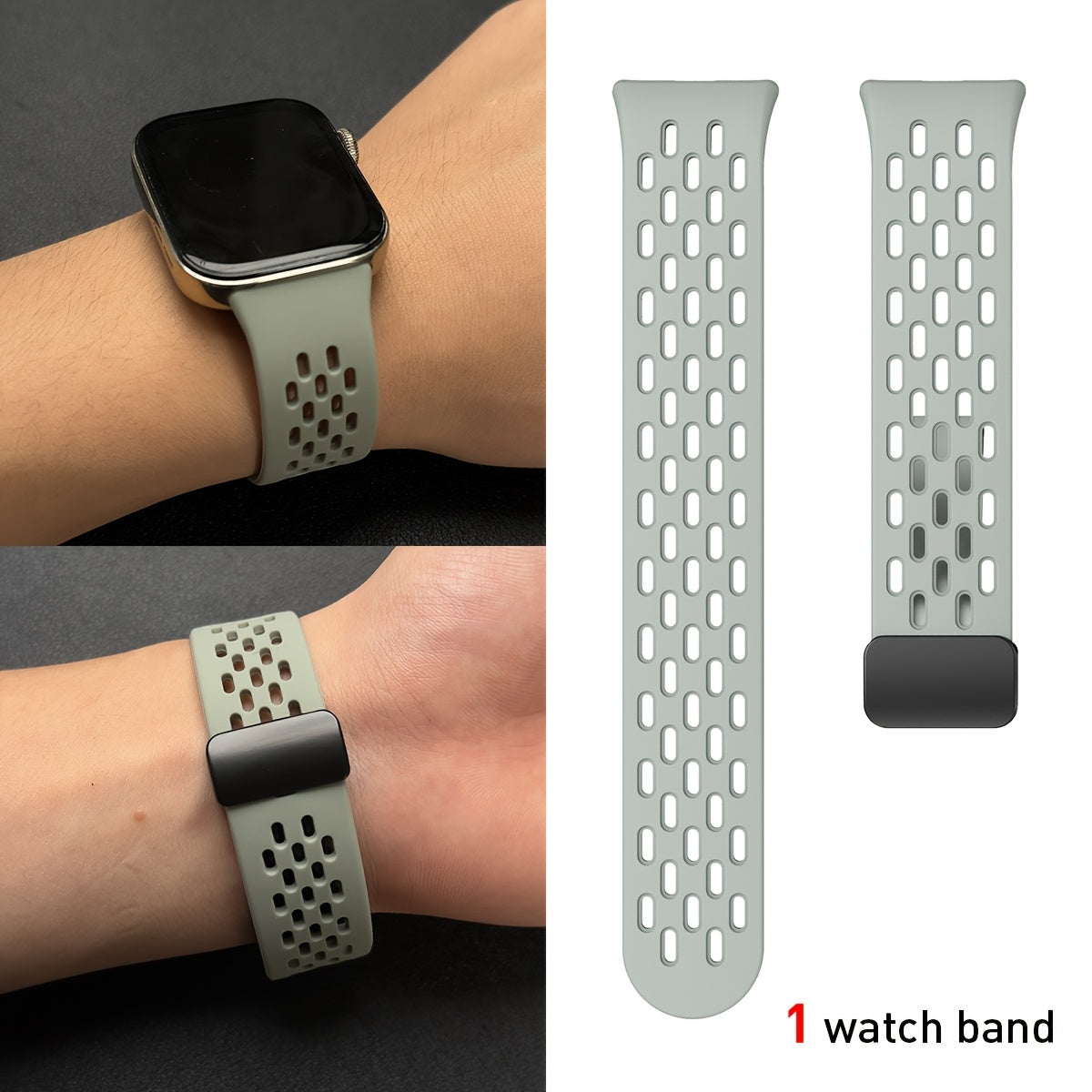 Silicone Watch Strap Breathable Multi-Hole Magnetic Folding for Fitness Tracker