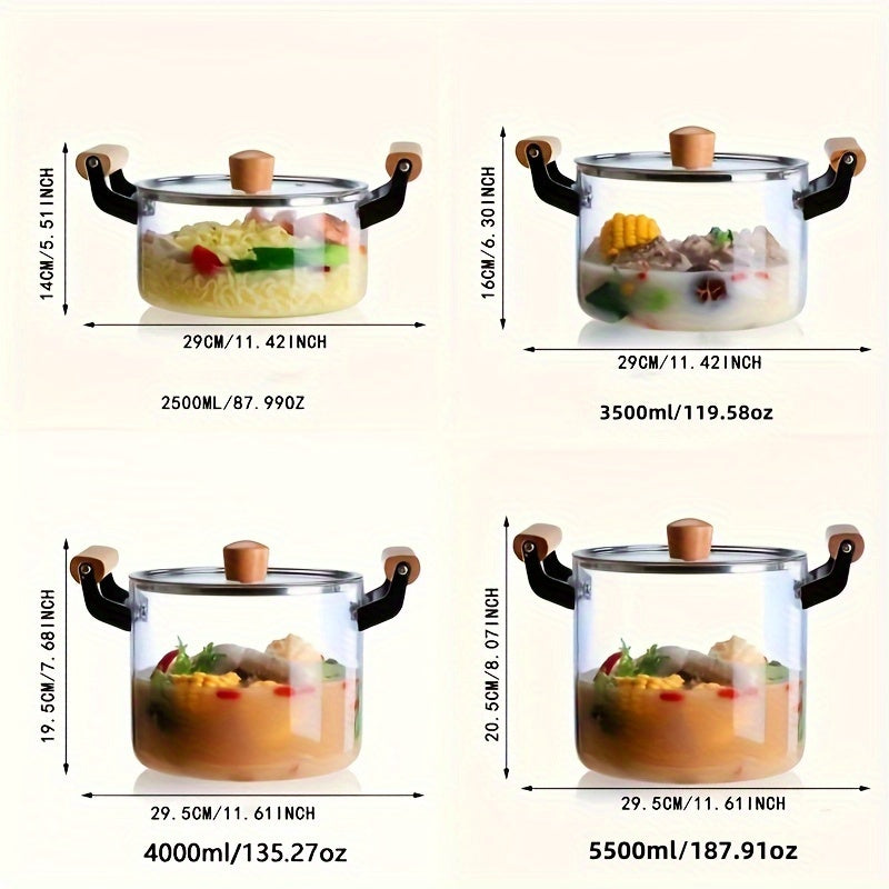 Transparent Glass Soup Pot with Lid and Wooden Handles for Easy Cleaning