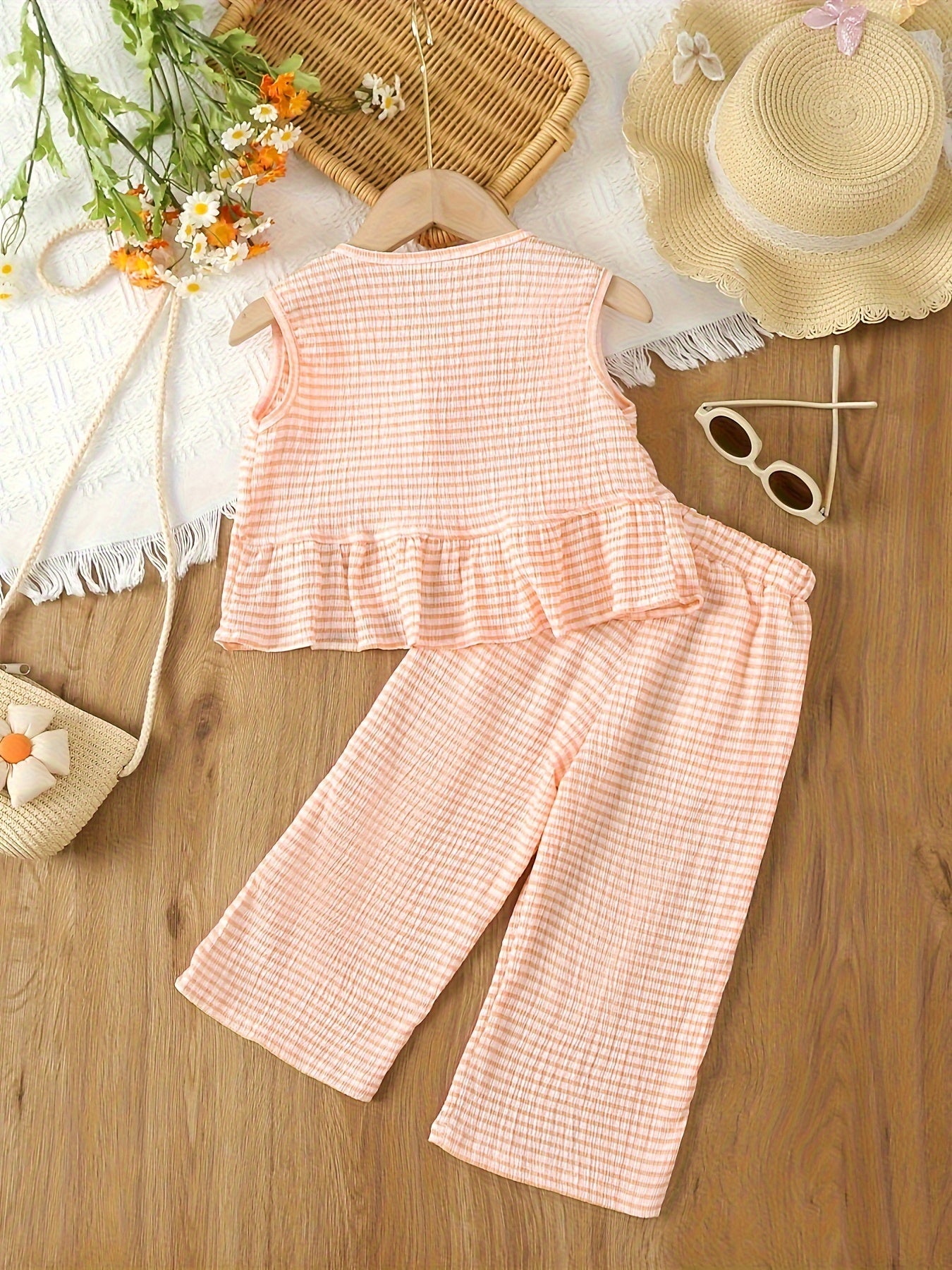 Girls Summer Plaid Pants Set with V-Neck Top and Wide-Leg Cropped Pants