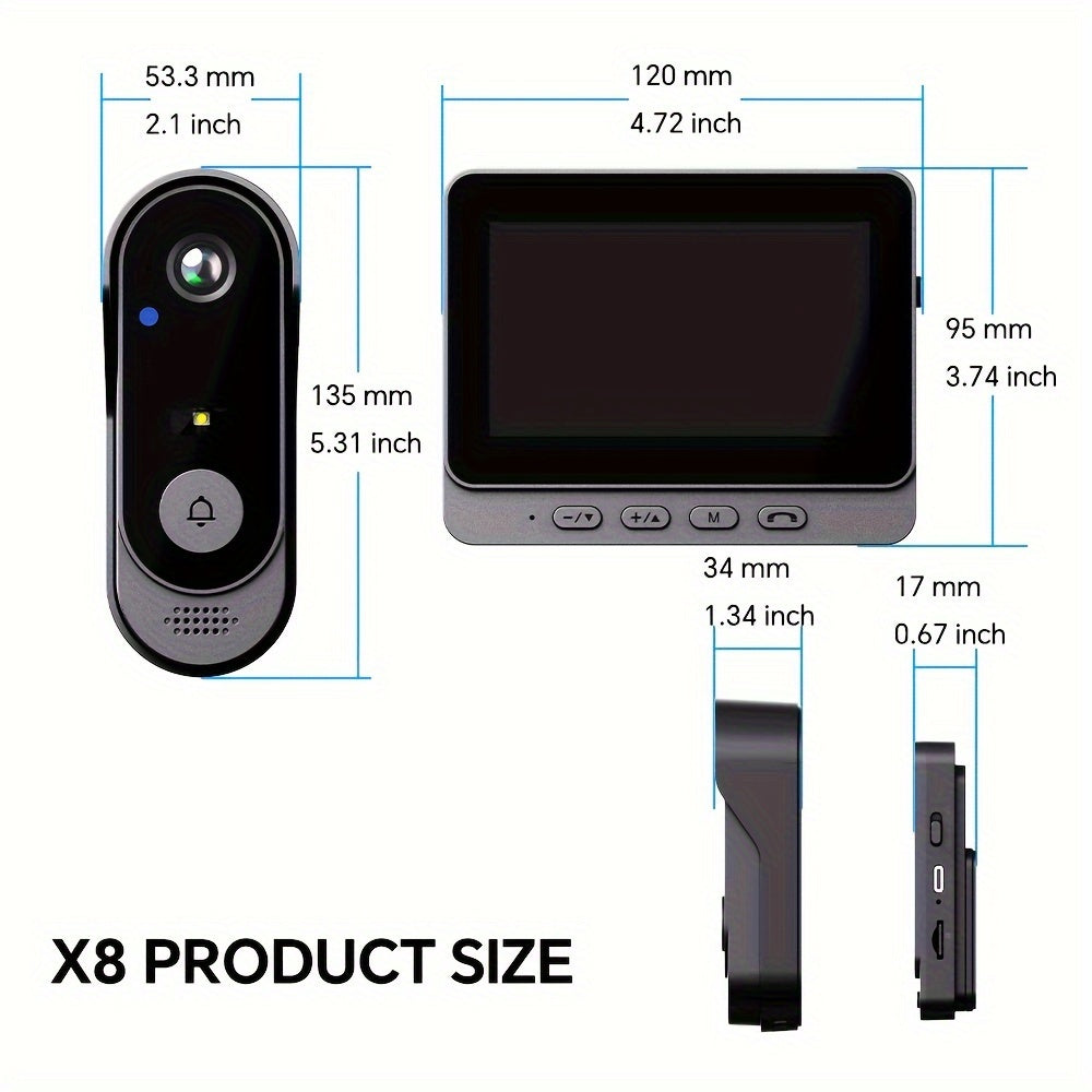 1 to'plam SELFIECOM X8 simsiz video eshik qo'ng'irog'i, 10.92 sm ekran, 480P HD kamera, USB orqali zaryadlanadigan, ikki tomonlama audio, oson o'rnatish, zamonaviy qora dizayn, suv o'tkazmaydigan.