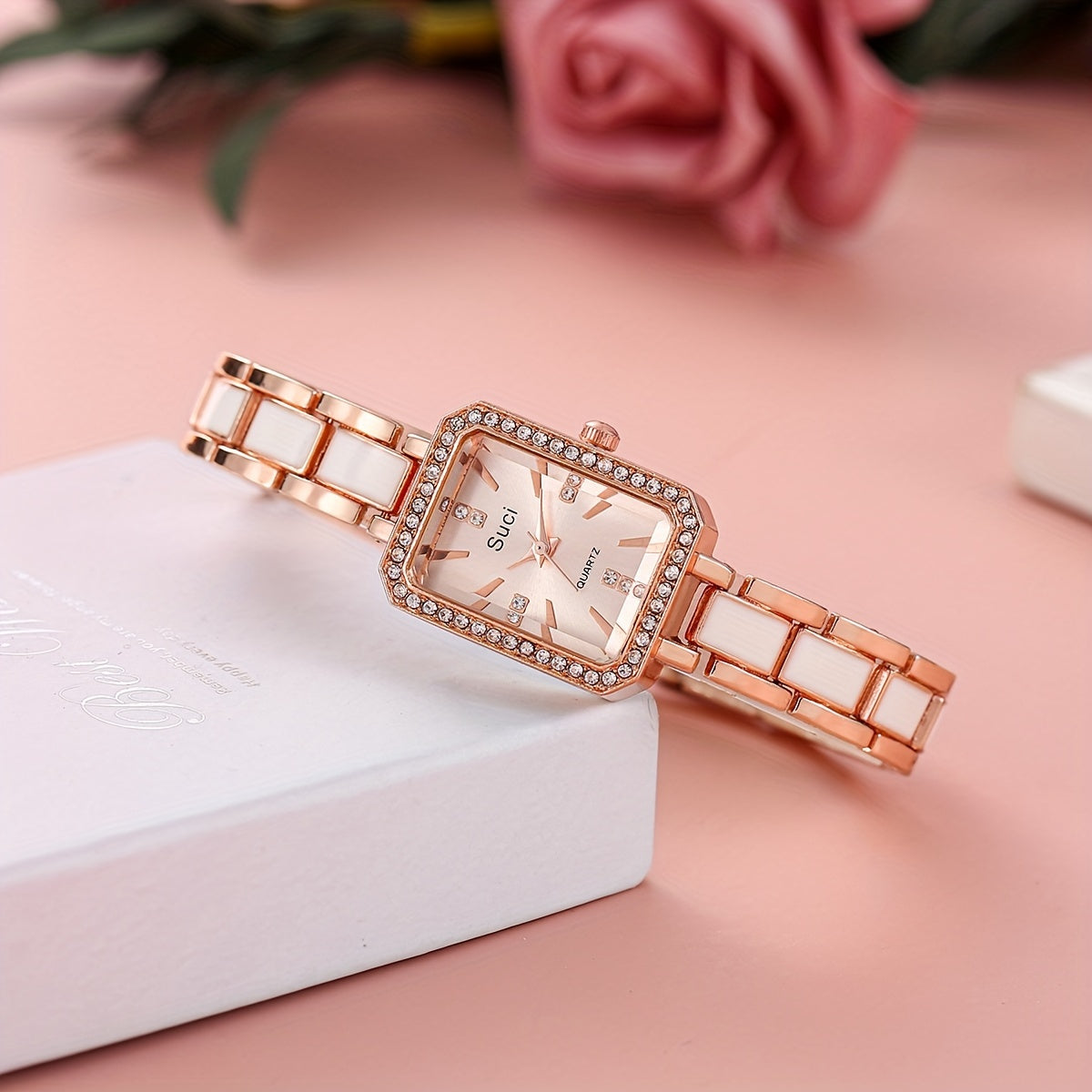Women's Square Crystal Watch Minimalist Quartz Zinc Alloy Strap Ramadan Gift