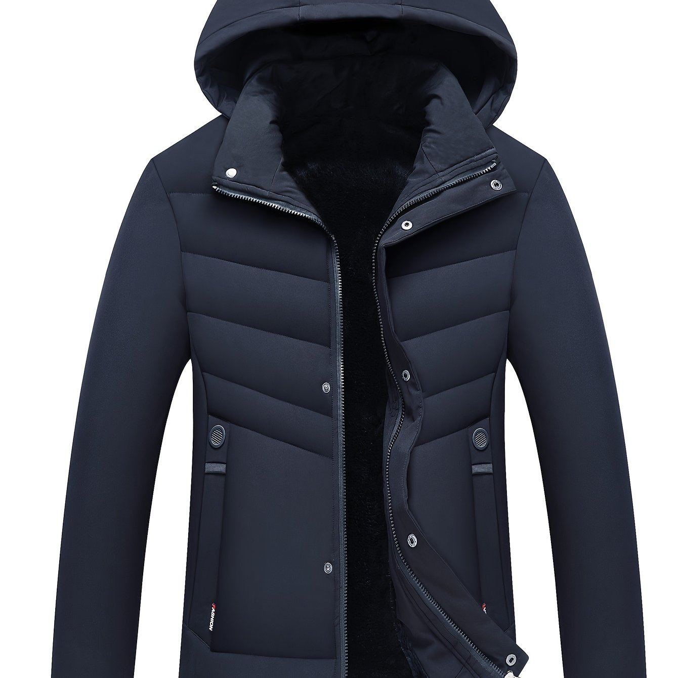 Men's Navy Blue Fleece-Lined Mid-Length Zip-Up Hooded Jacket with Pockets