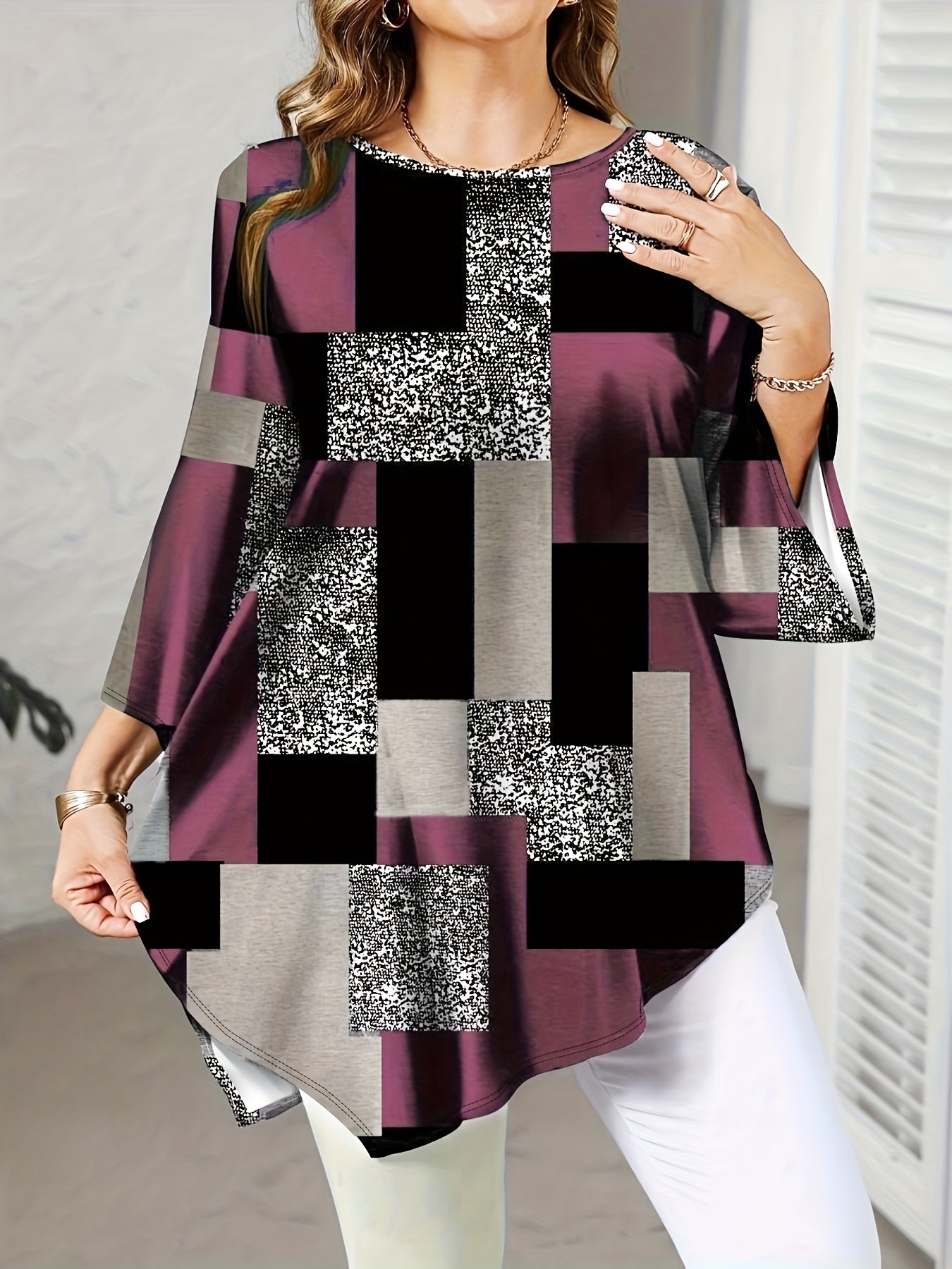 Plus Size Women's Geometric Print Asymmetrical Top Crew Neck Green Black