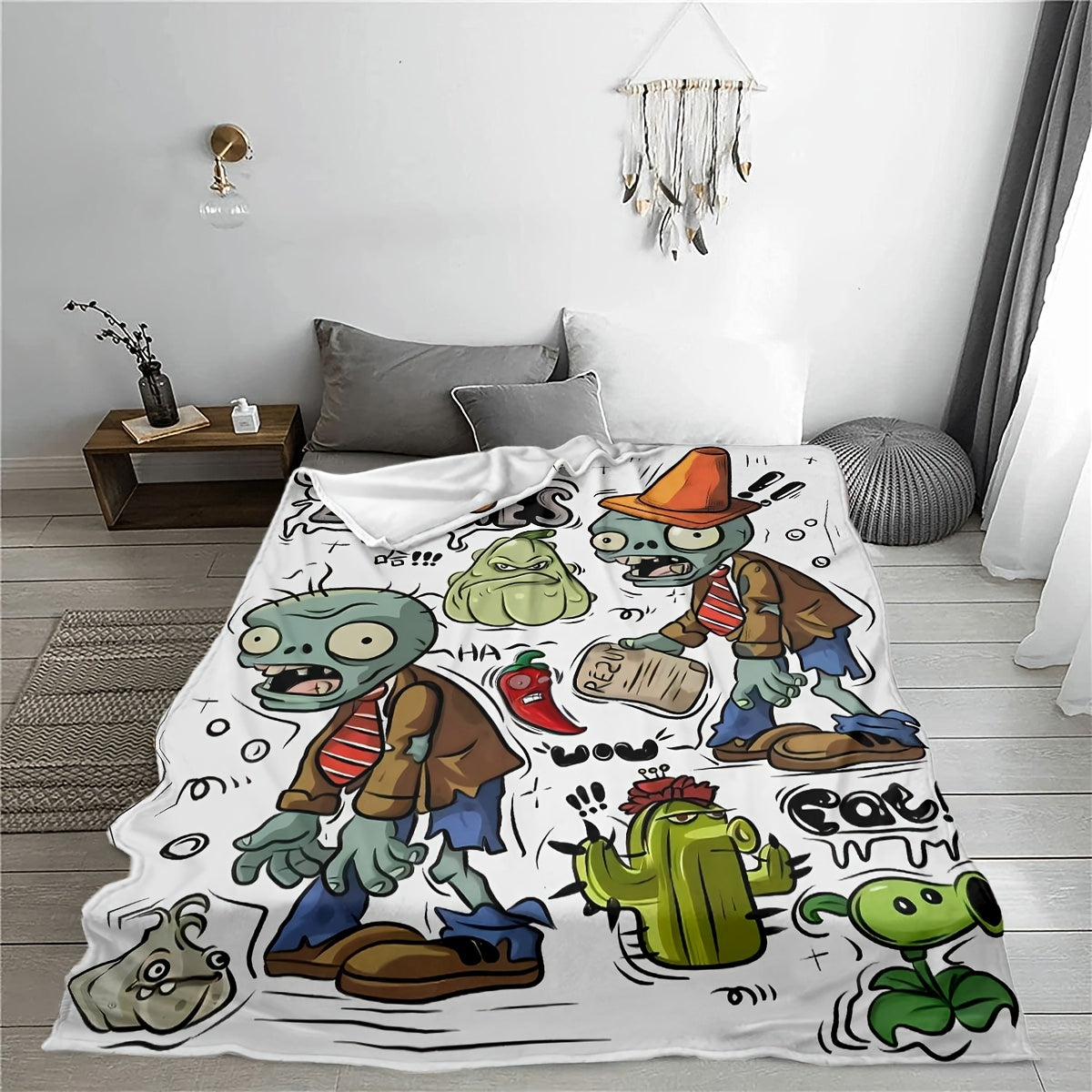 Cozy Flannel Throw Blanket with Plant and Zombie Design for Couch Bed Office Travel