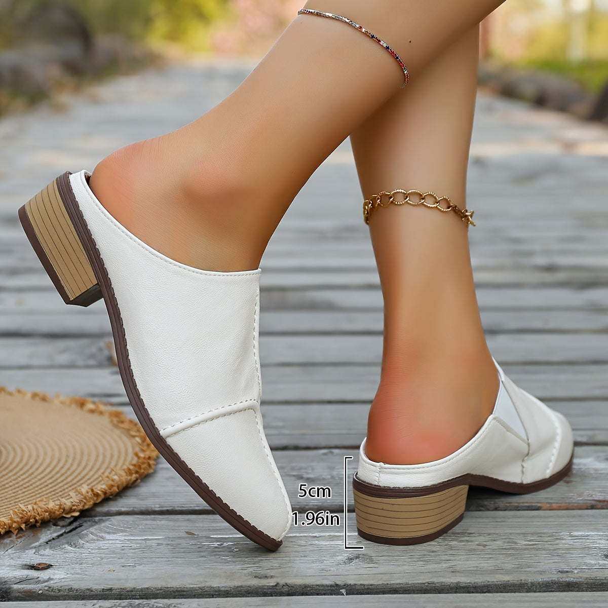 Women's Faux Leather Retro Pointed Toe Mule Shoes with Chunky Heels