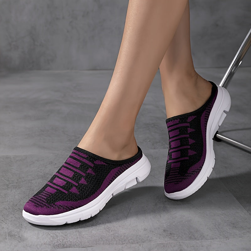 Women's Breathable Slip-On Sneakers Geometric Pattern Purple Black Casual Shoes Round Toe Spring Summer