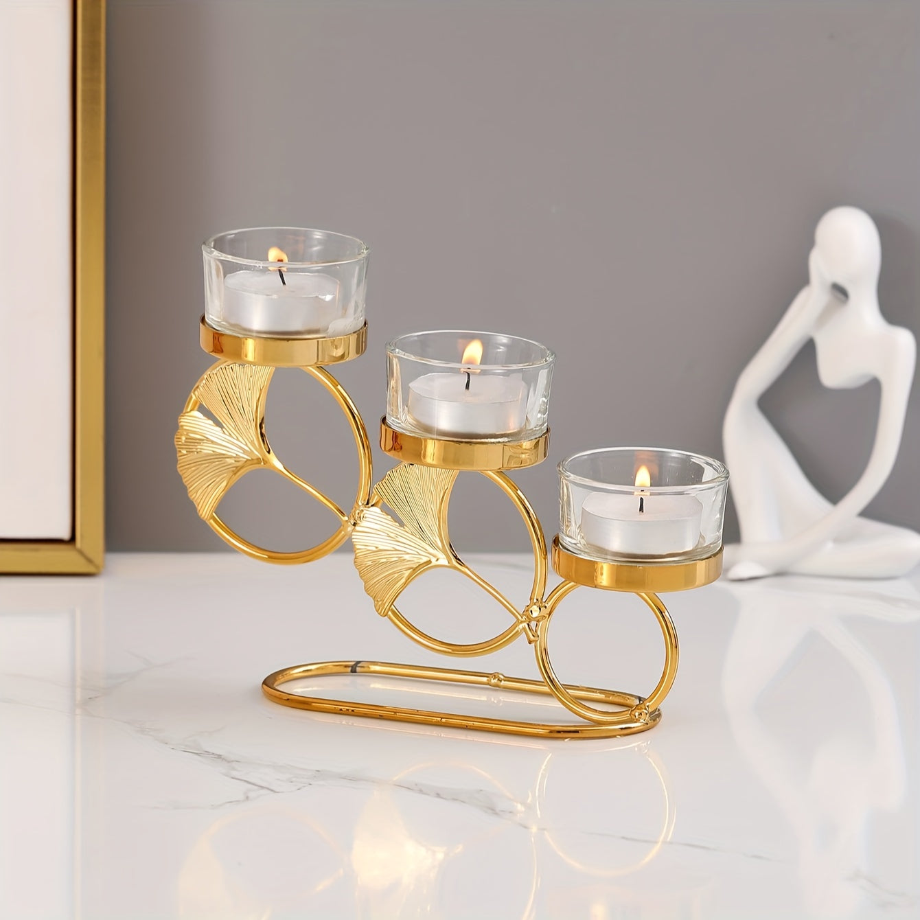 Ginkgo Leaf Candle Holder with Three Gold Cups for Romantic Decor and Weddings