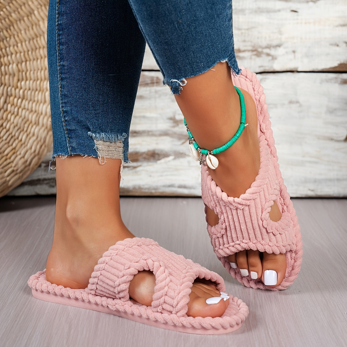 Women's Striped Slippers Soft Fabric Rubber Sole All Seasons