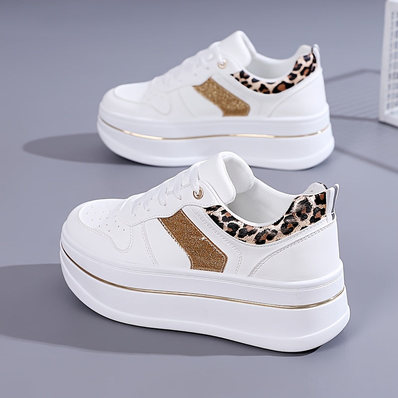 Women's Casual Thick-Sole Sneakers White Gold Low-Top Comfortable Lace-Up All-Season