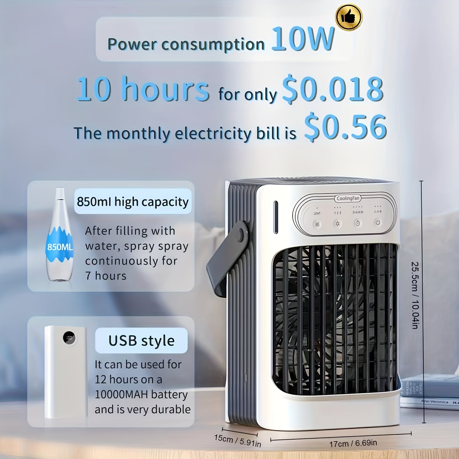 Portable Evaporative Cooler Fan with 3 Mist Settings 3 Speed USB Touch Control