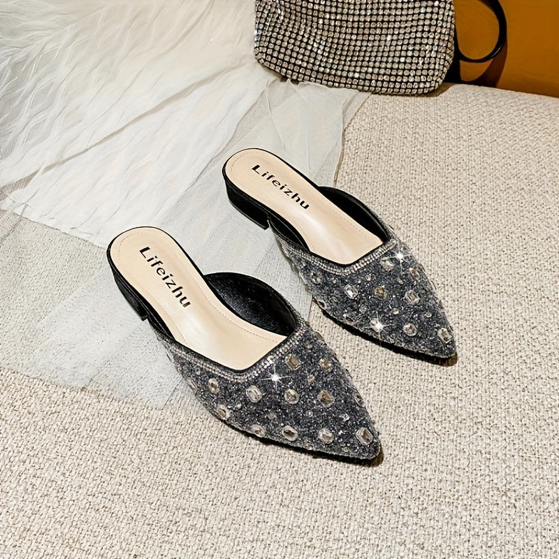 Women Rhinestone Embellished Pointed-Toe Mules with Chunky Heel Summer Shoes