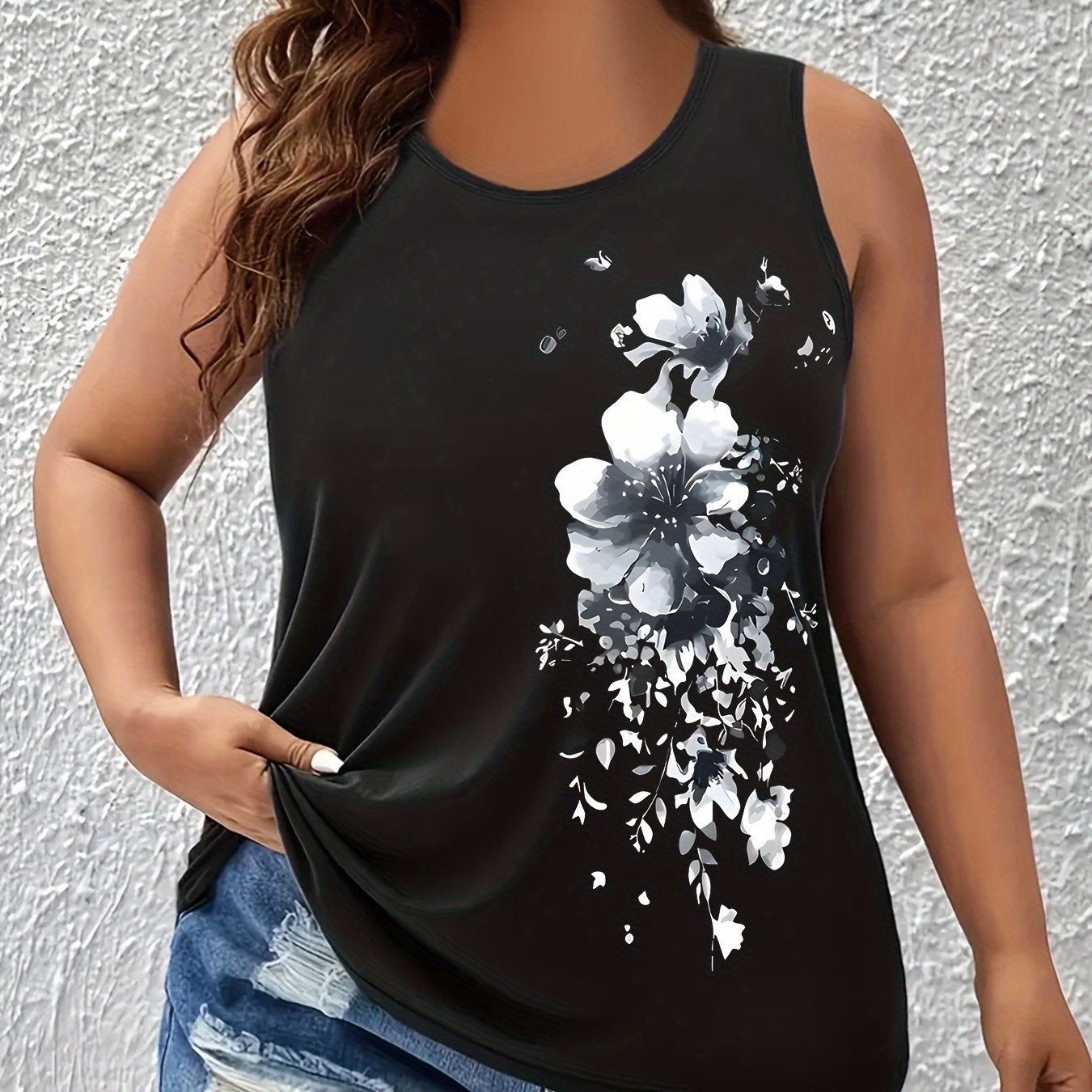 Plus Size Floral Print Tank Top for Women Summer Spring Casual Sleeveless Crew Neck