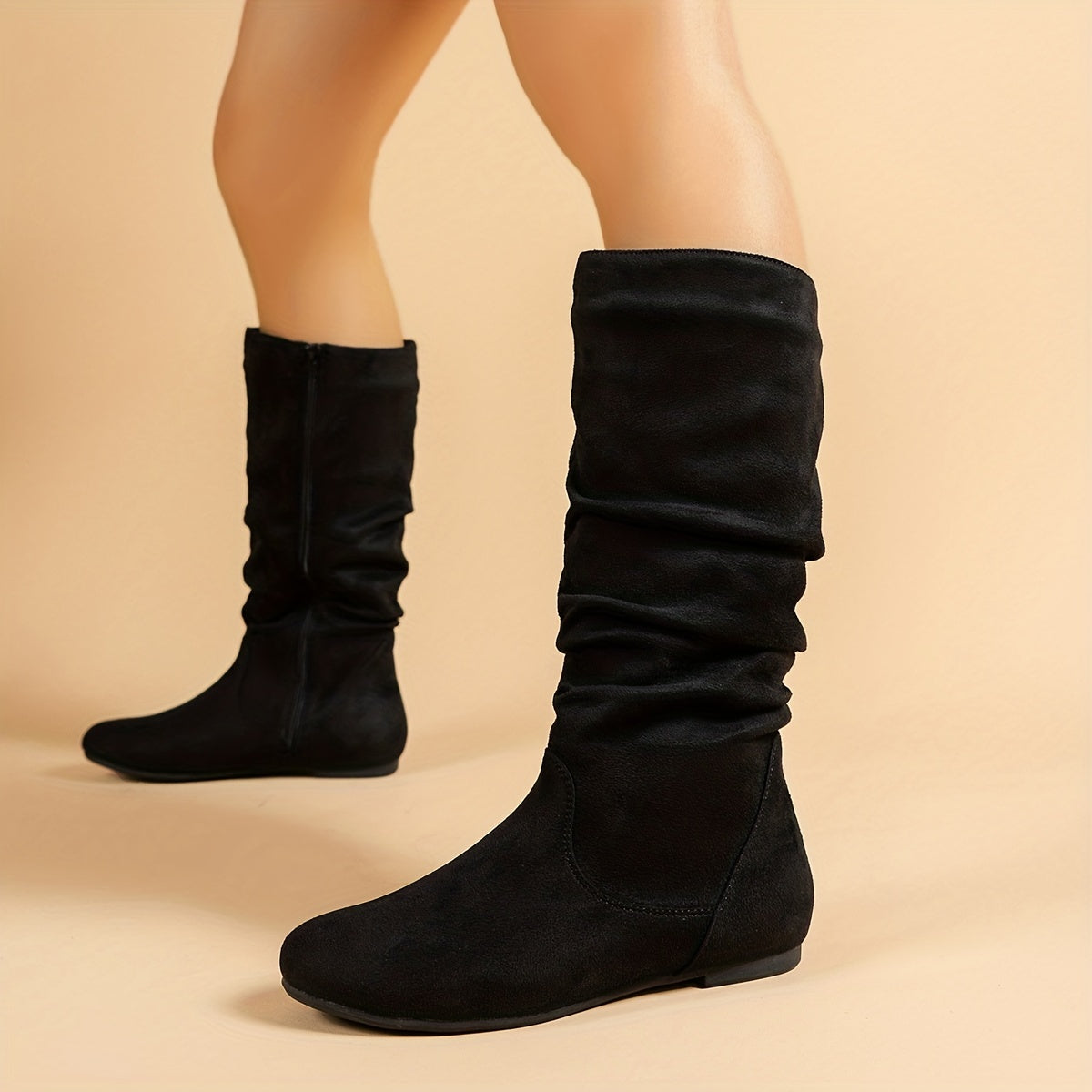 Women's Leather Pleated Long Boots with Side Zipper and Flat Sole