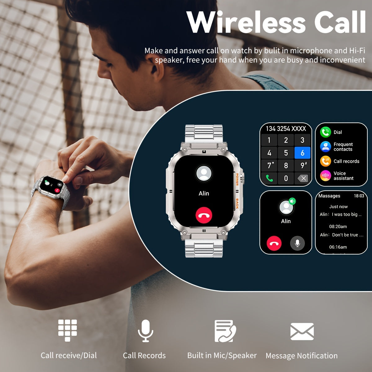 Ayollar va erkaklar uchun aqlli soat, simsiz qo'ng'iroq qilish bilan 4.98cm HD displey, sport rejimlari, ovozli yordamchi, Android va iOS bilan mos keladi