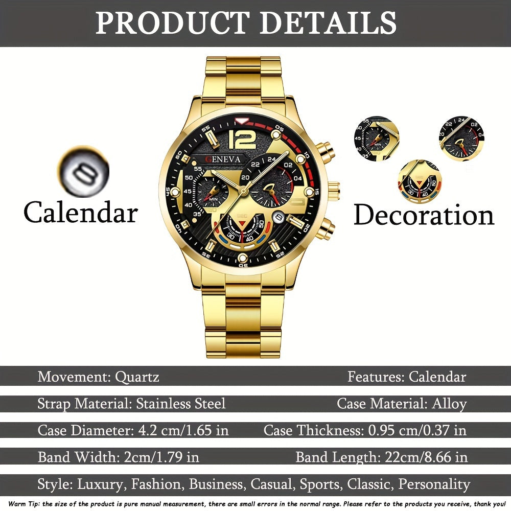 Men's Stainless Steel Quartz Watch with Calendar and Business Bracelet