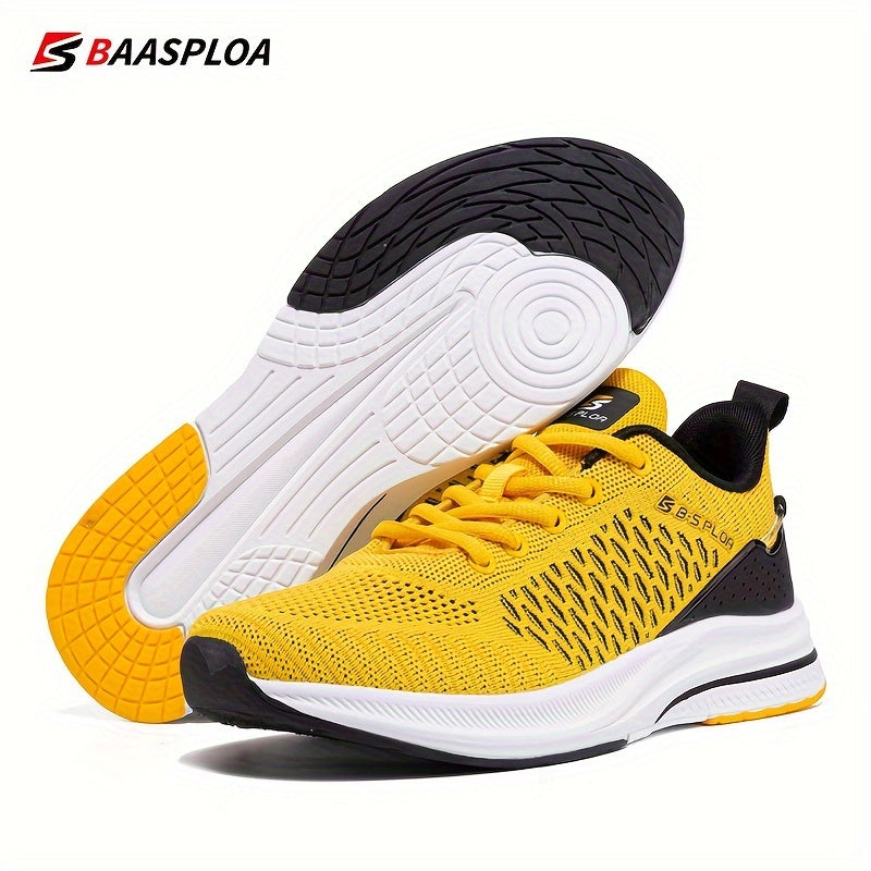 BAASPLOA erkaklar uchun qora va sariq yugurish poyafzallari, nafas oladigan to'r va MD/TPR taglik bilan kundalik va sport maqsadlari uchun.