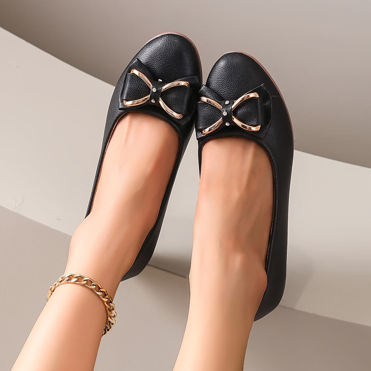 Women's White Ballet Flats with Gold Bow Synthetic Slip-On Casual Shoes