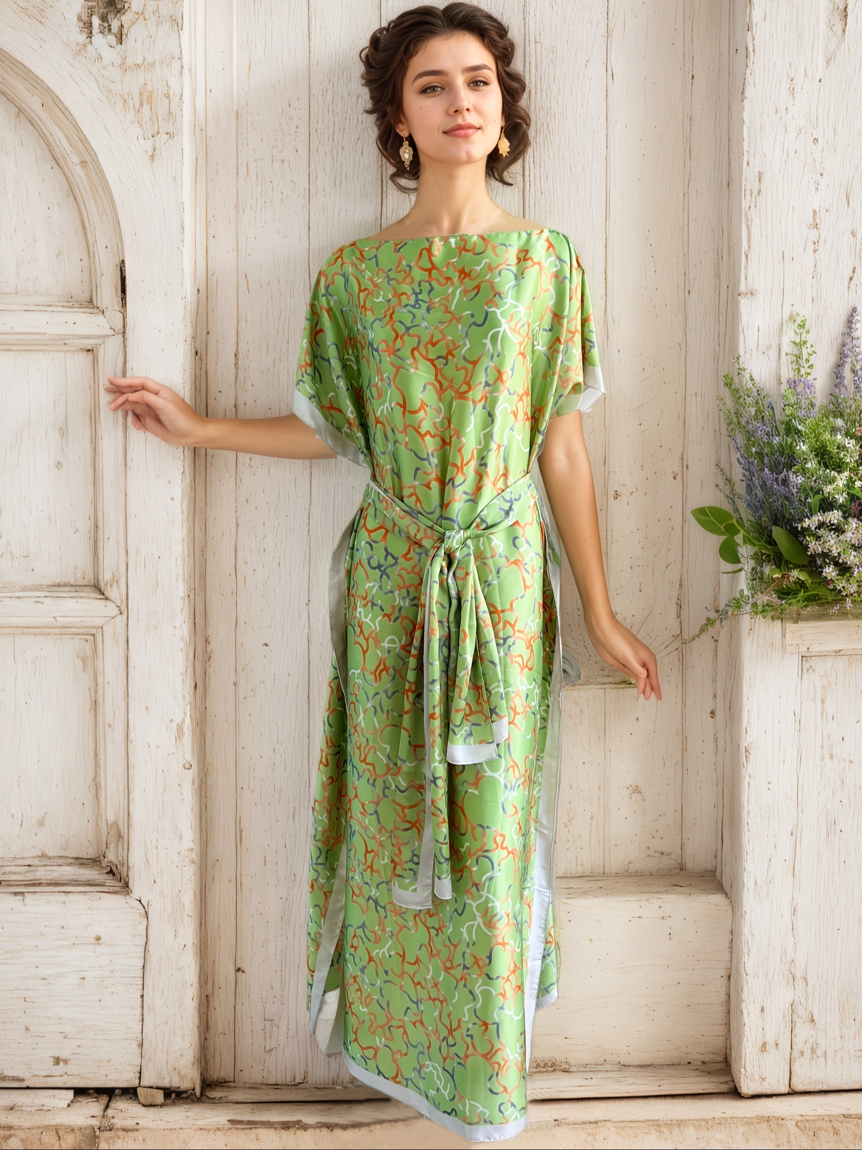 Women's Plus Size Green Printed Long Dress Batwing Sleeves All Seasons