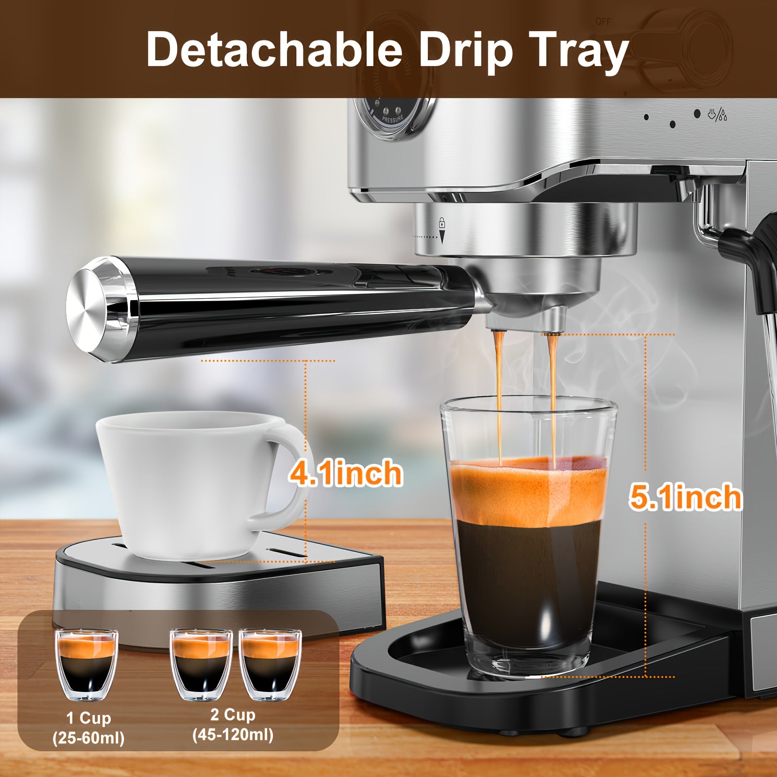Stainless Steel Espresso Coffee Maker with 20 Bar Pump Digital Touch Screen Milk Frother for Home Office RV