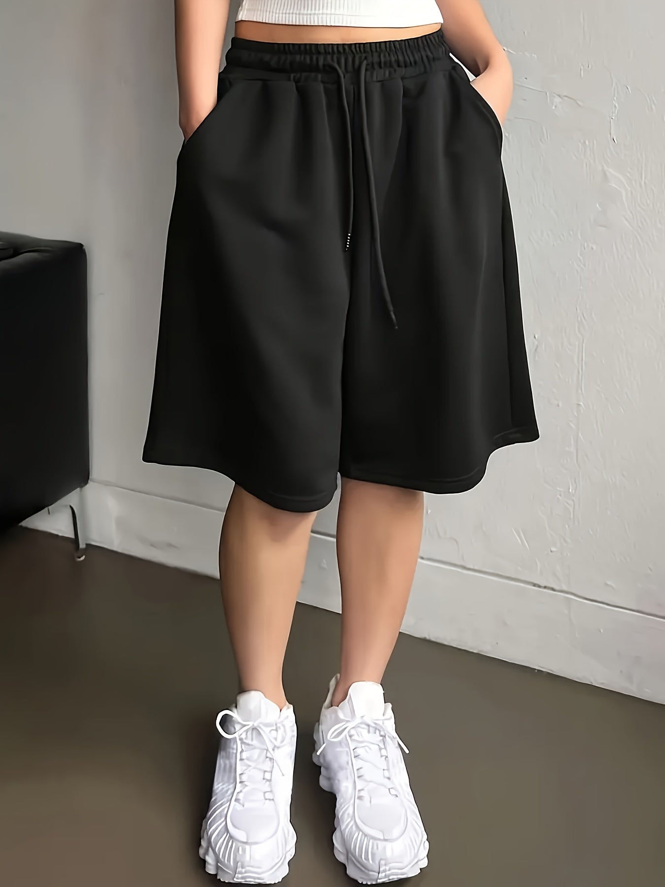 Women Plus Size Solid Color Drawstring Waist Shorts Spring Summer
