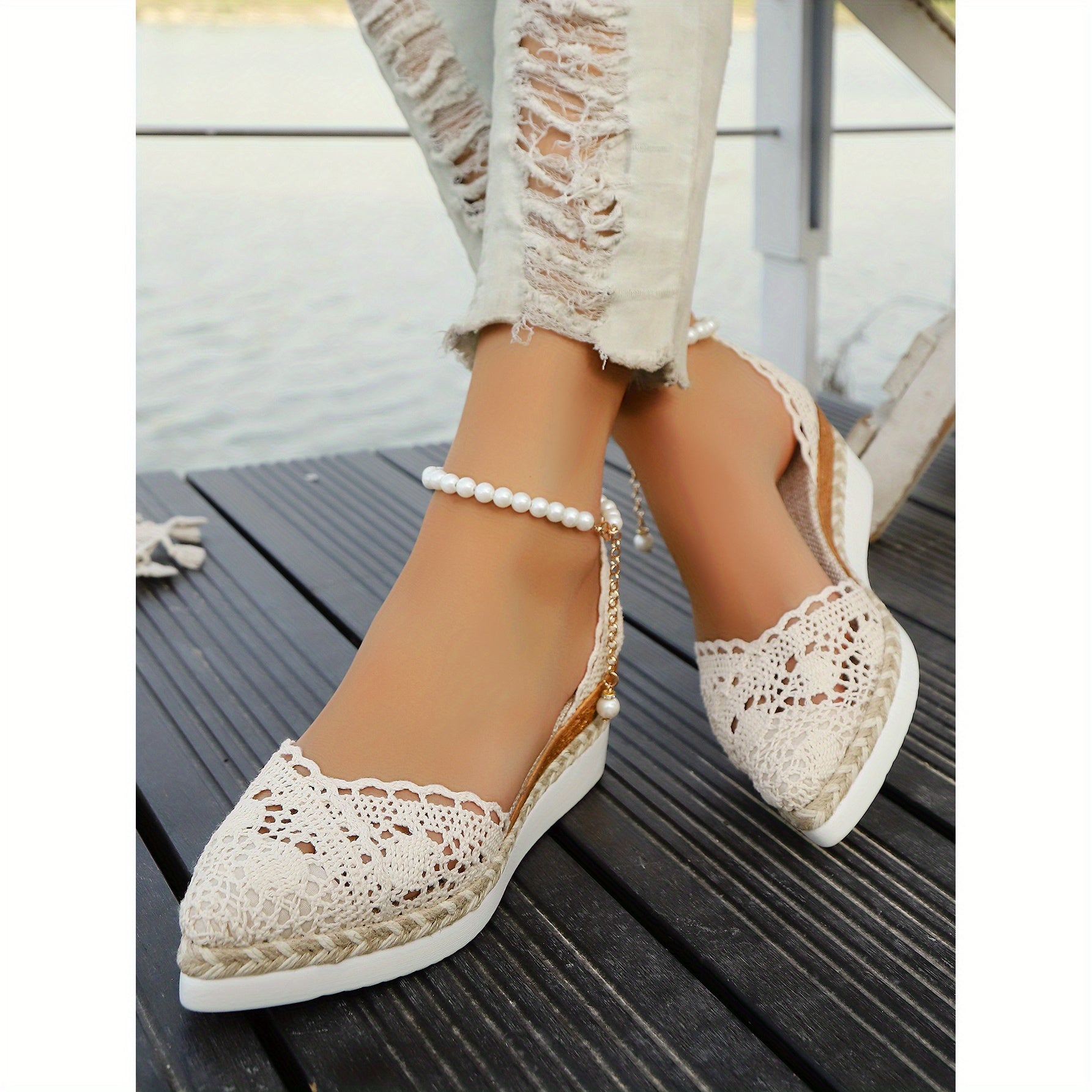 Women's Jute Wedge Sandals with Pointed Toe and Cushioned Heel