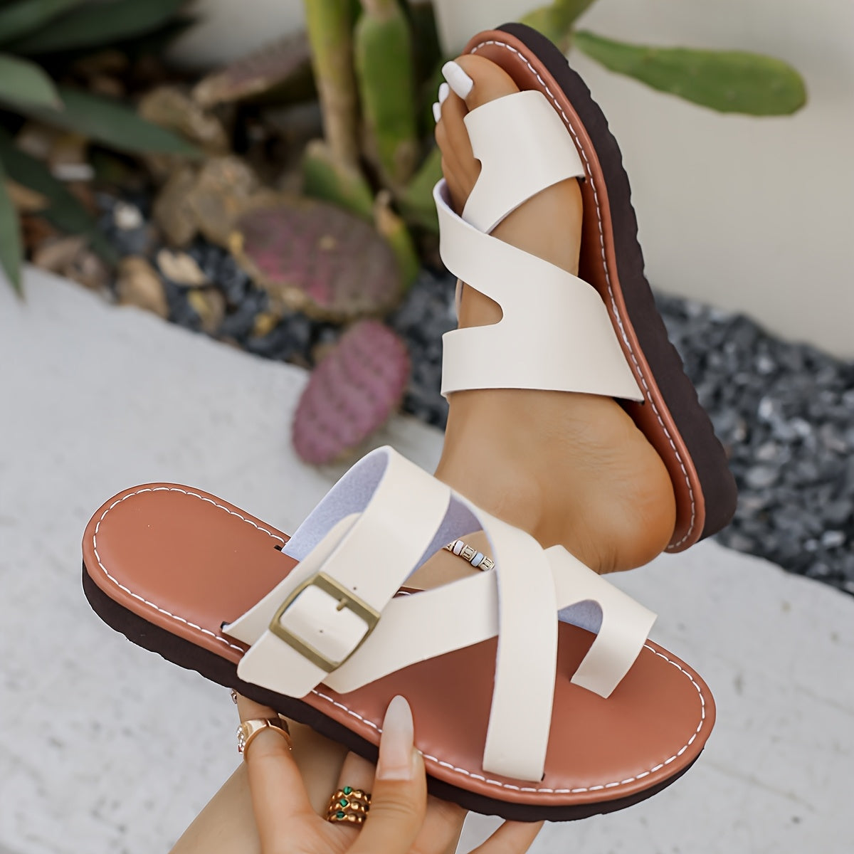 Women's Slip-On Sandals with Thick Sole, Adjustable Buckle, Breathable Design