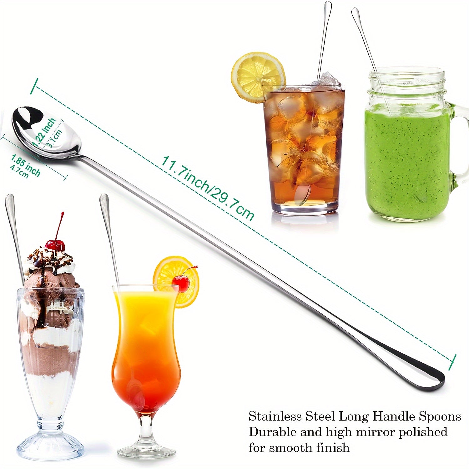 Set of 2 Stainless Steel Iced Tea Spoons Long Handle Dishwasher Safe Mirror Finish