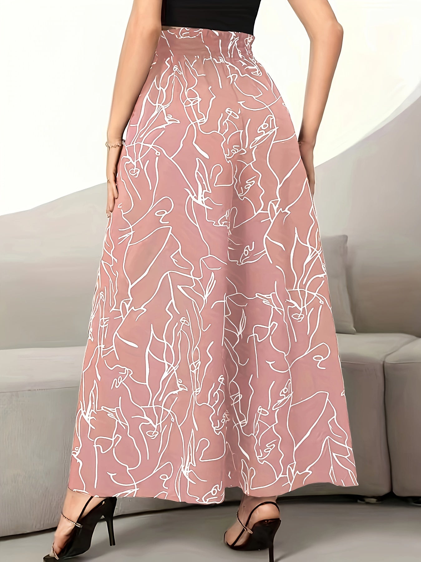 Women's Wide-Leg Floral Print Pants High Waist Ruffle Detail Spring Fall Polyester