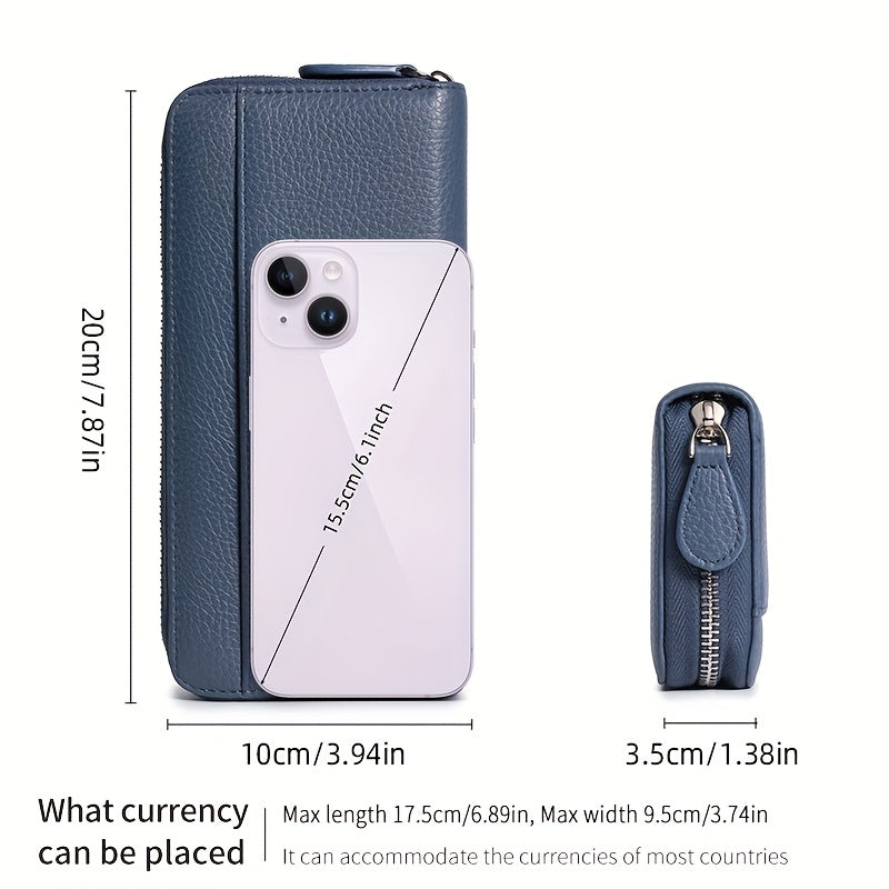 Ayollar uchun haqiqiy charm RFID o'g'irlikka qarshi uzun fermuarlı hamyon, 19 ta karta joyi, 1 ta tangalar cho'ntagi va 5 ta naqd pul joyi bilan.