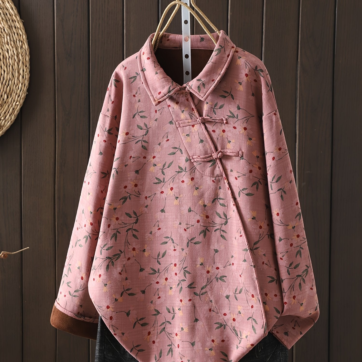 Plus Size Floral Print Woven Shirt with Stand-Up Collar and Chinese-Style Placket for Fall and Winter