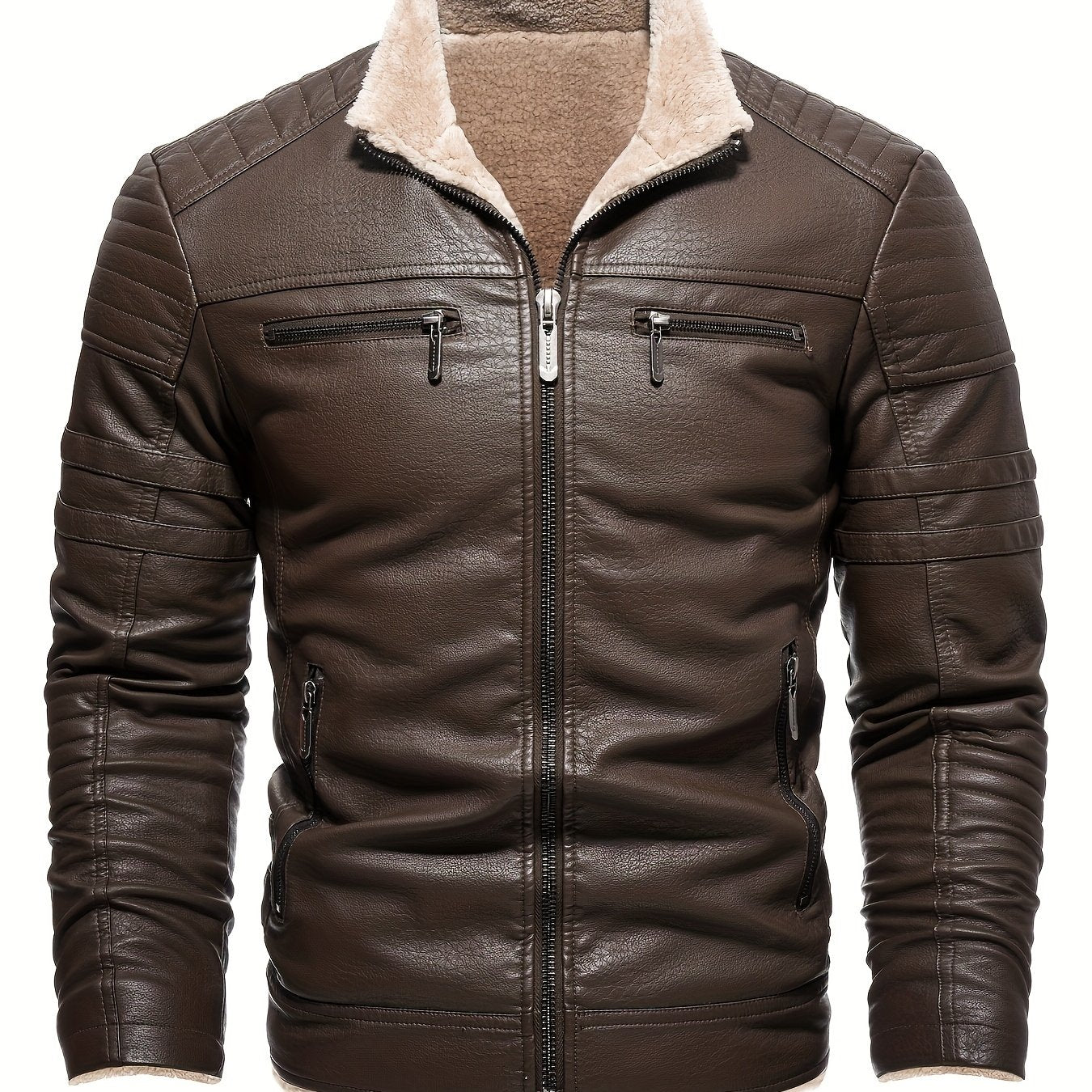 Men's Faux Leather Biker Jacket with Fleece Lining Fall Winter Casual Slim Fit