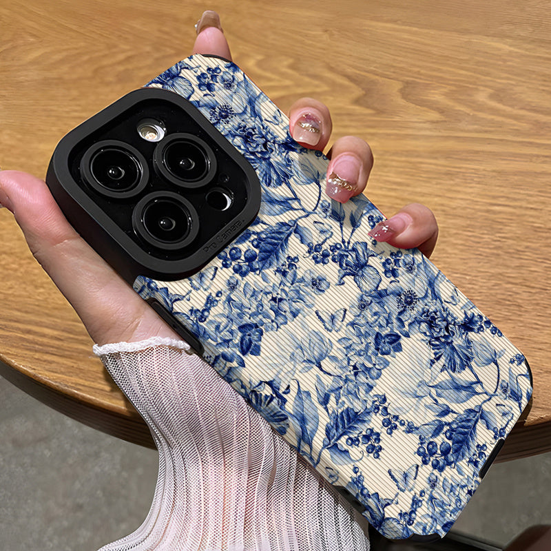 Funda de TPU con diseño floral azul para iPhone 16 Pro Max y otros modelos con cubierta de silicona anticaídas y cuero