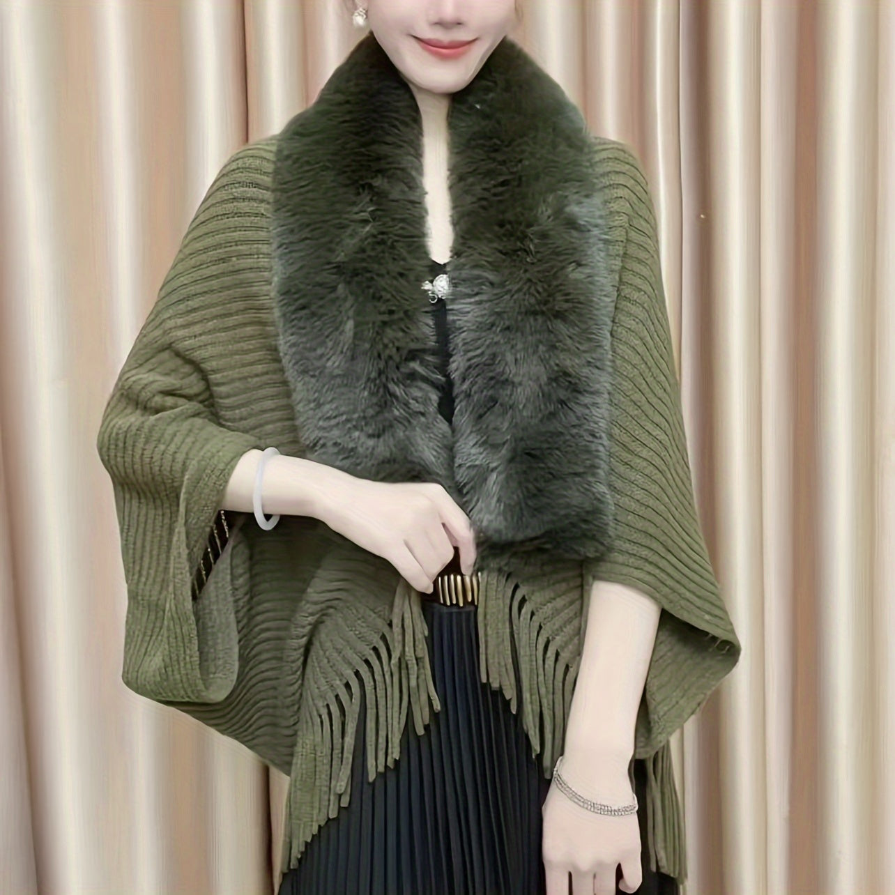 Elegant Acrylic Shawl Wrap with Faux Fur Collar Batwing Sleeves for Night Out