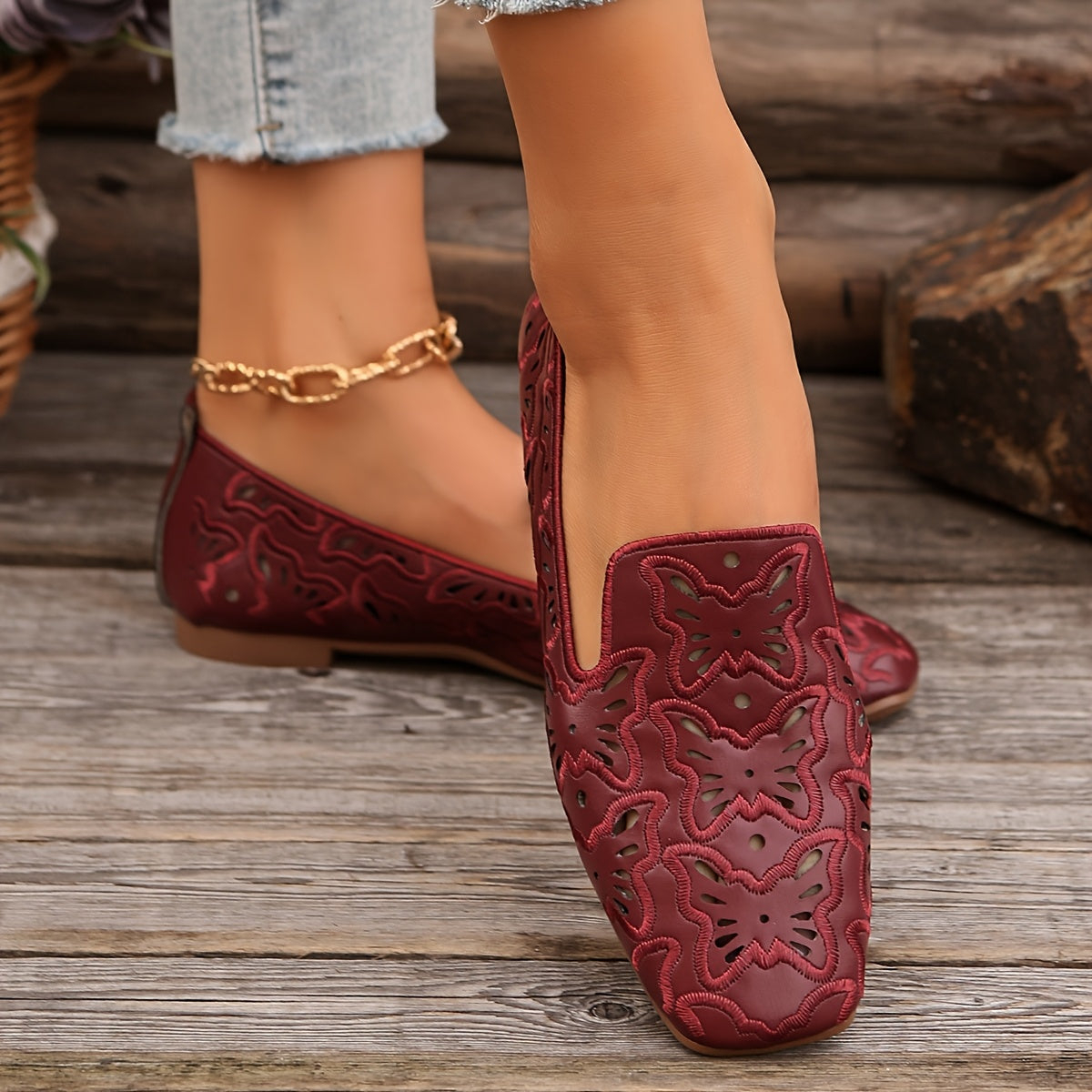Women's Flat Shoes Square Toe Butterfly Pattern Casual Shoes