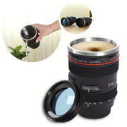 Stainless Steel Camera Lens Coffee Mug with Retractable Lid Travel Cup BPA-Free Novelty Drinkware