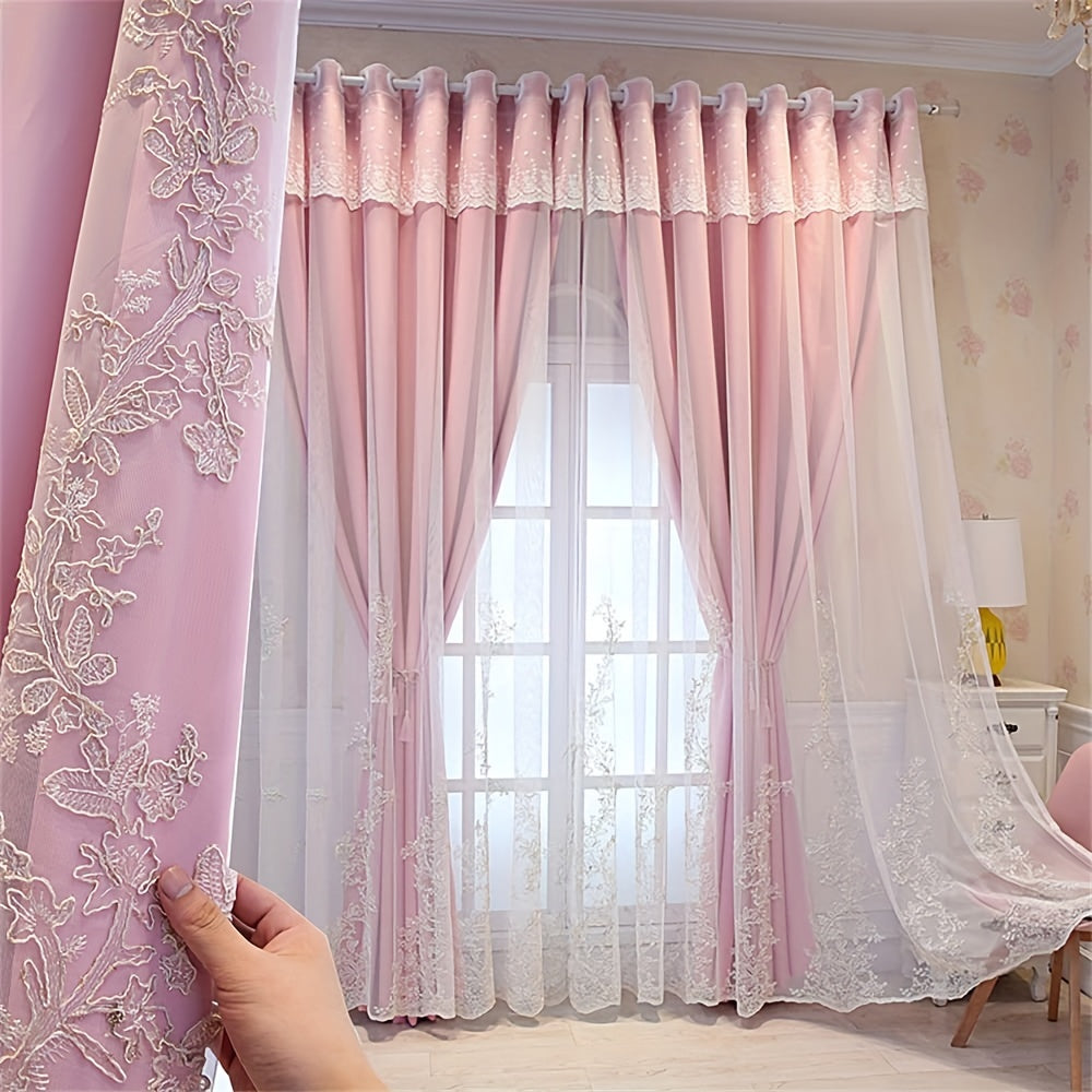 Double Layer Embroidery Curtain with Lace Grommet Top for Bedroom or Living Room Window Treatment
