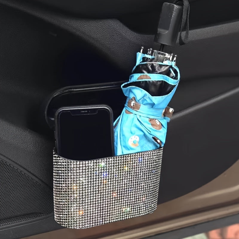 Cubo de basura colgante para interior de coche, incrustado con cristales de imitación, multifuncional y de almacenamiento