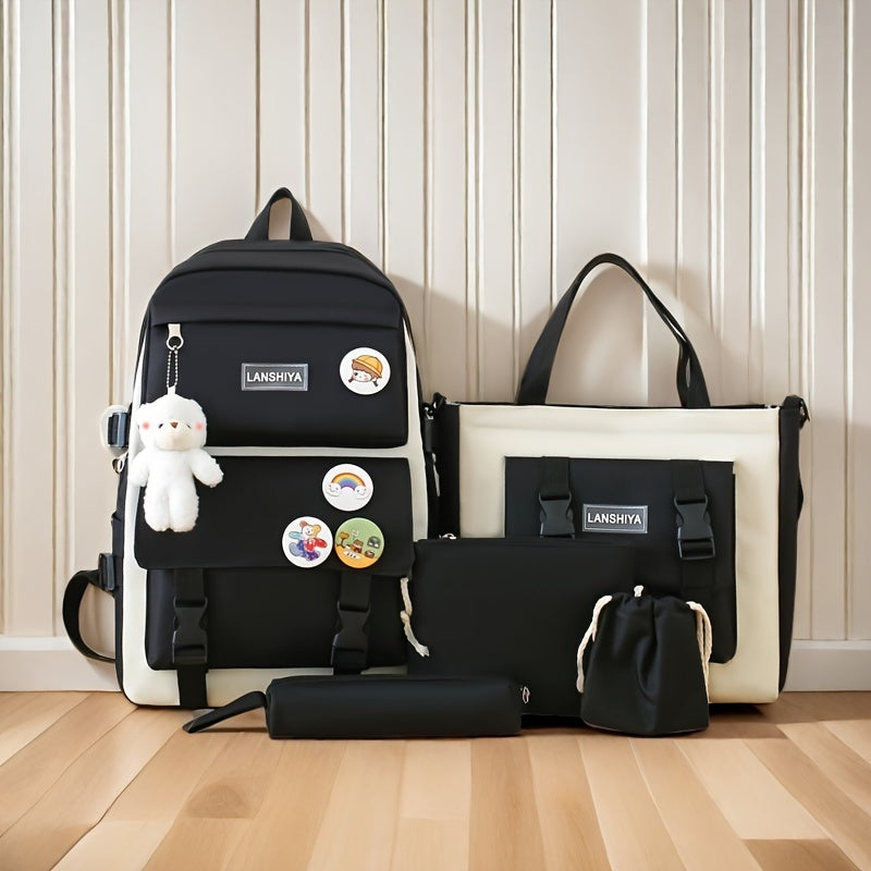 5-ta qismli maktab sumkasi to'plami, kollej uchun kanvas sumka, mo'ynali ayiqcha tanga hamyonchasi, qalam sumkasi va crossbody sumka